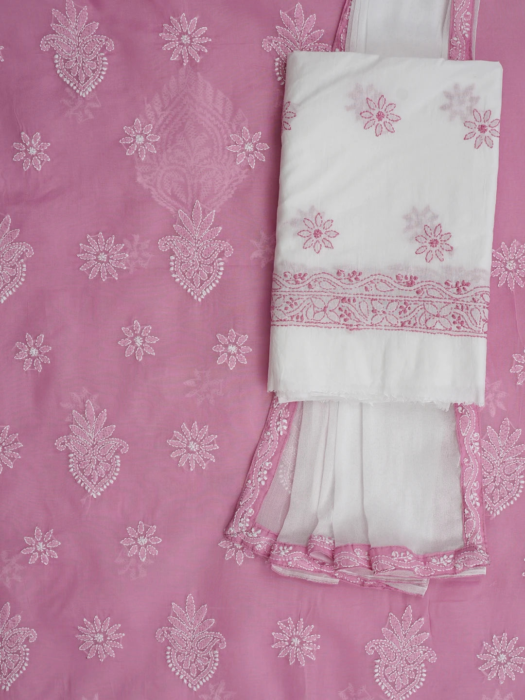 Ada Hand Embroidered Onion Pink Cotton Lucknowi Chikankari Unstitched Suit Piece 01A870848