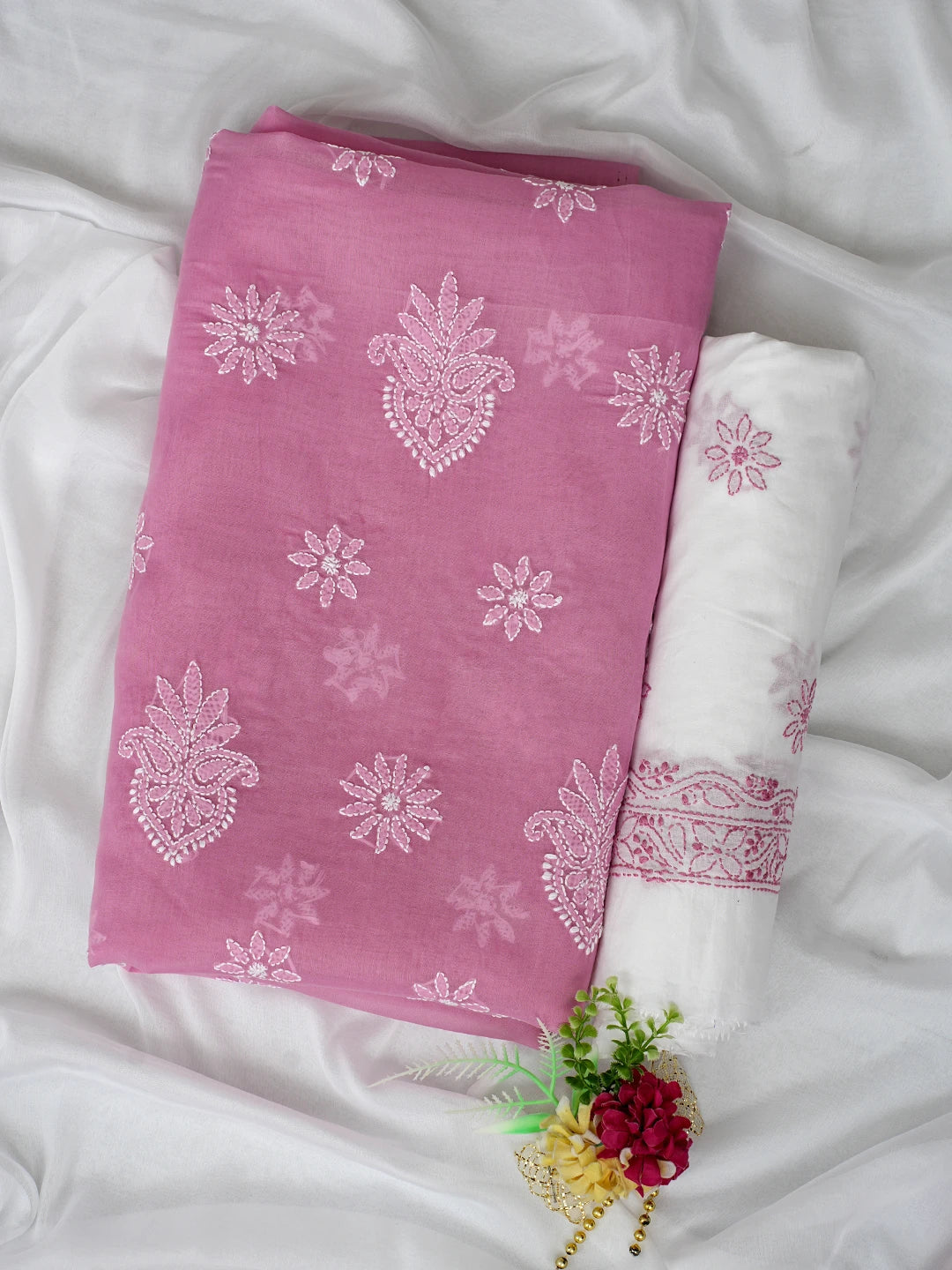 Ada Hand Embroidered Onion Pink Cotton Lucknowi Chikankari Unstitched Suit Piece 01A870848
