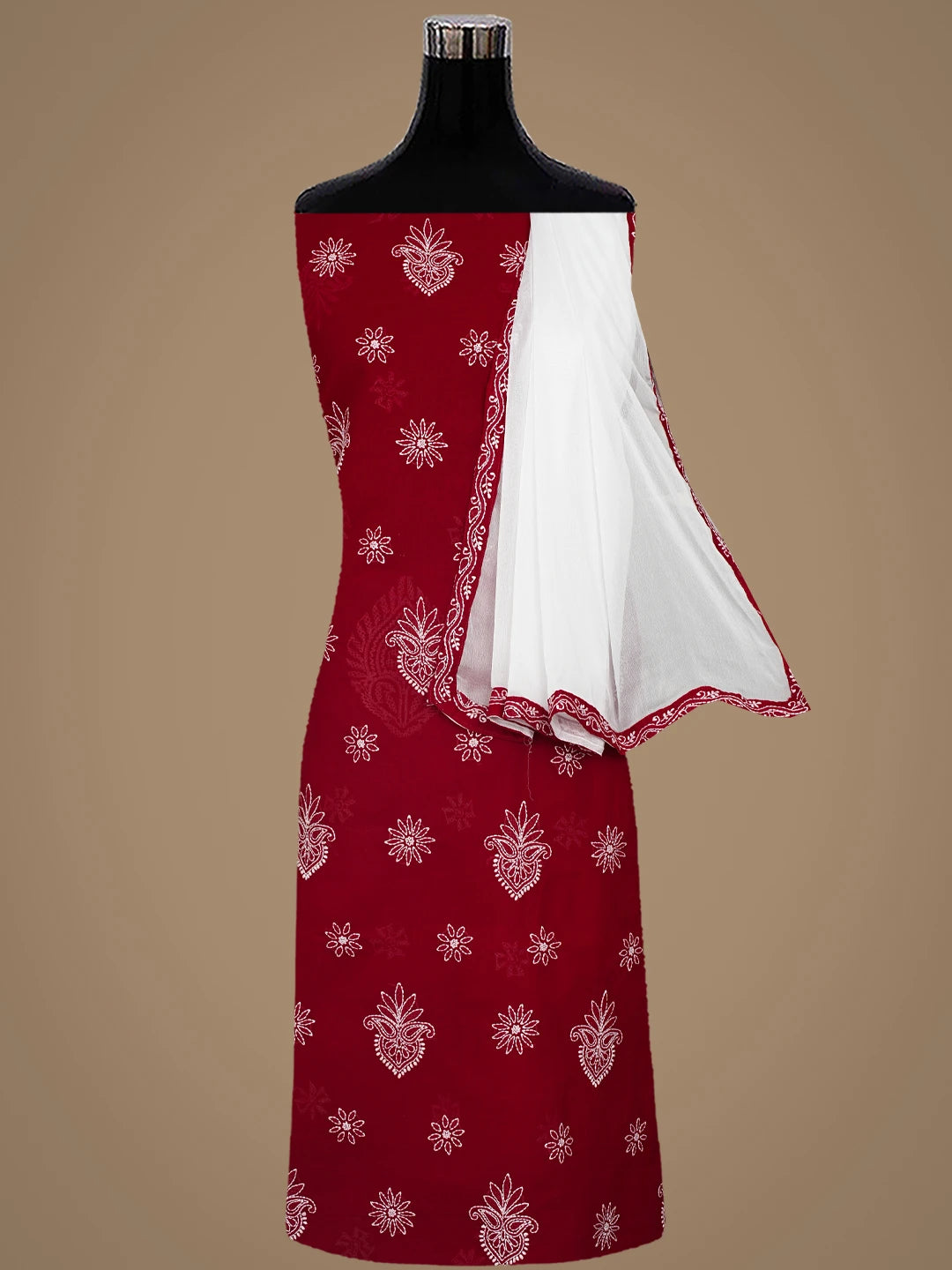 Ada Hand Embroidered Red Cotton Lucknowi Chikankari Unstitched Suit Piece 01A870854