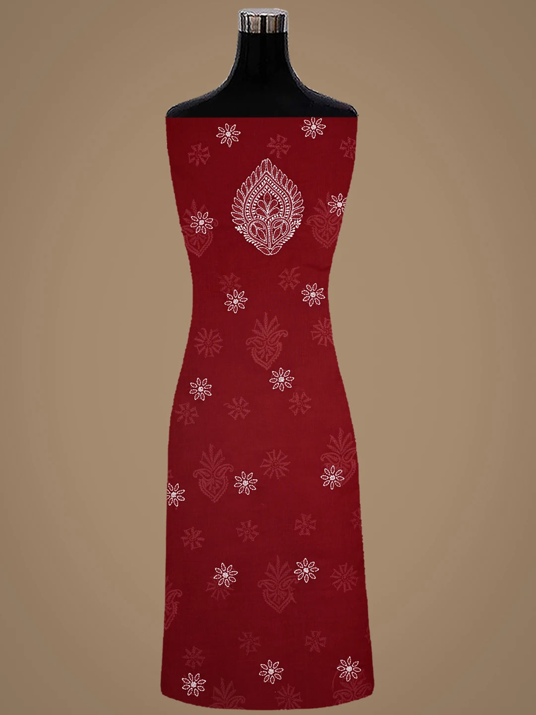 Ada Hand Embroidered Red Cotton Lucknowi Chikankari Unstitched Suit Piece 01A870854