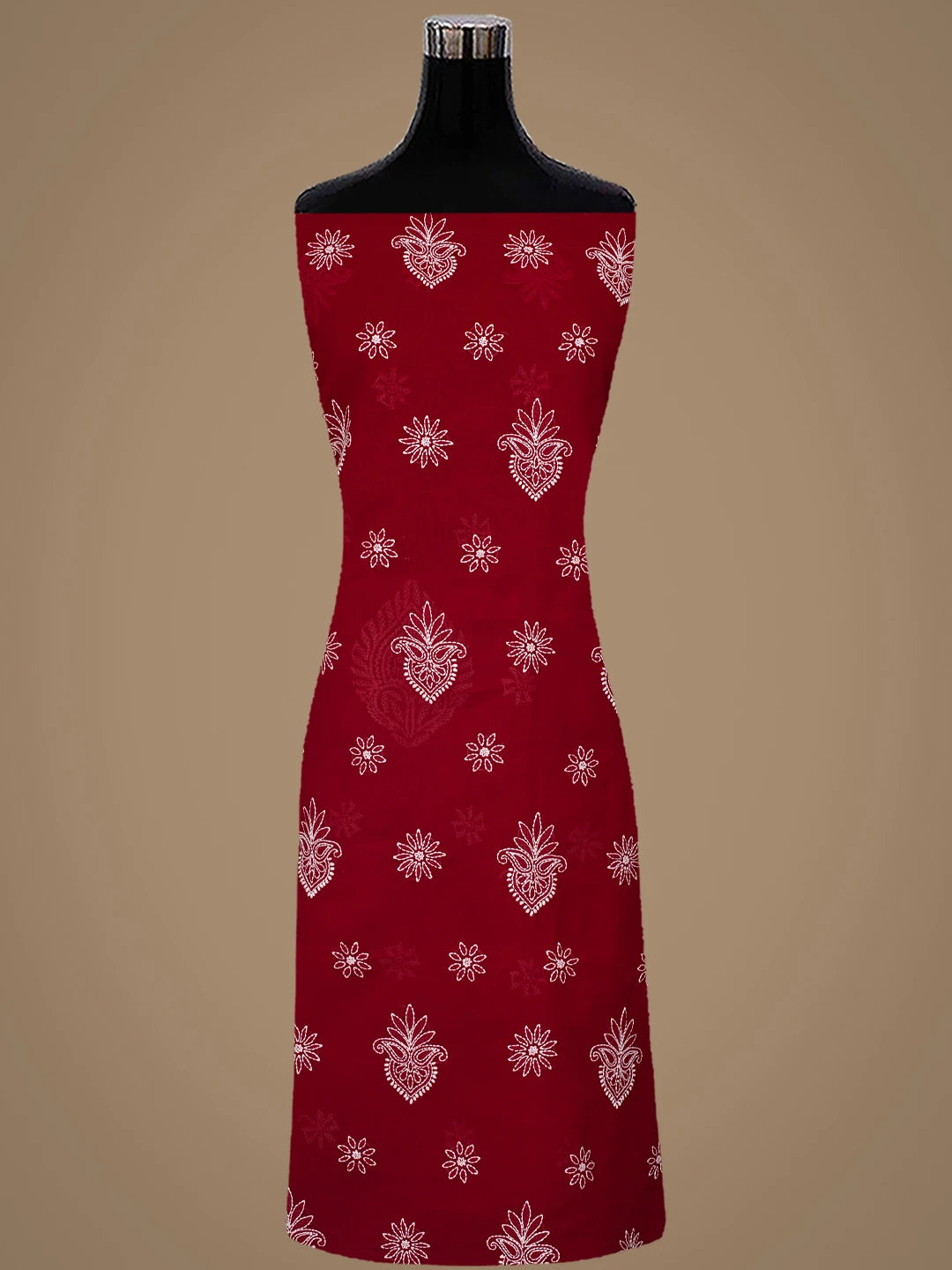 Ada Hand Embroidered Red Cotton Lucknowi Chikankari Unstitched Suit Piece 01A870854