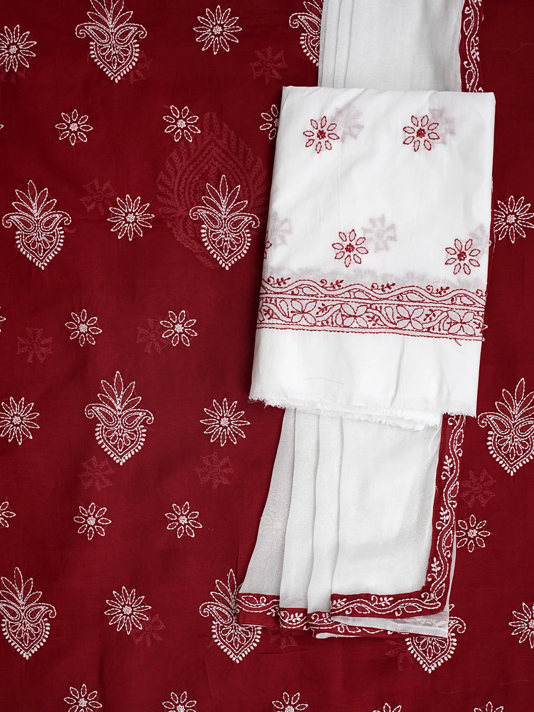 Ada Hand Embroidered Red Cotton Lucknowi Chikankari Unstitched Suit Piece 01A870854
