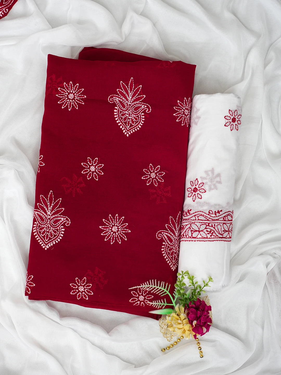 Ada Hand Embroidered Red Cotton Lucknowi Chikankari Unstitched Suit Piece 01A870854
