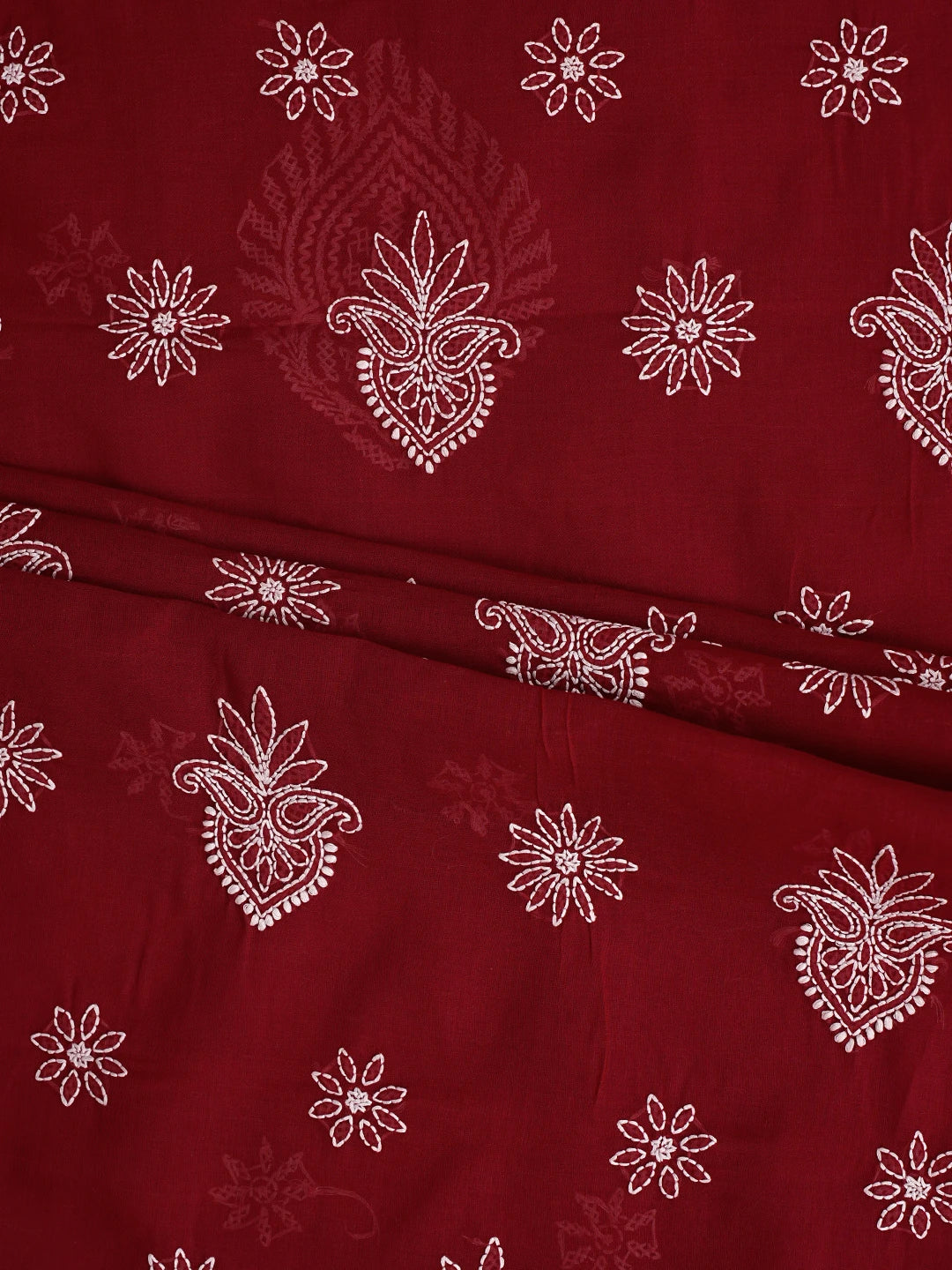 Ada Hand Embroidered Red Cotton Lucknowi Chikankari Unstitched Suit Piece 01A870854