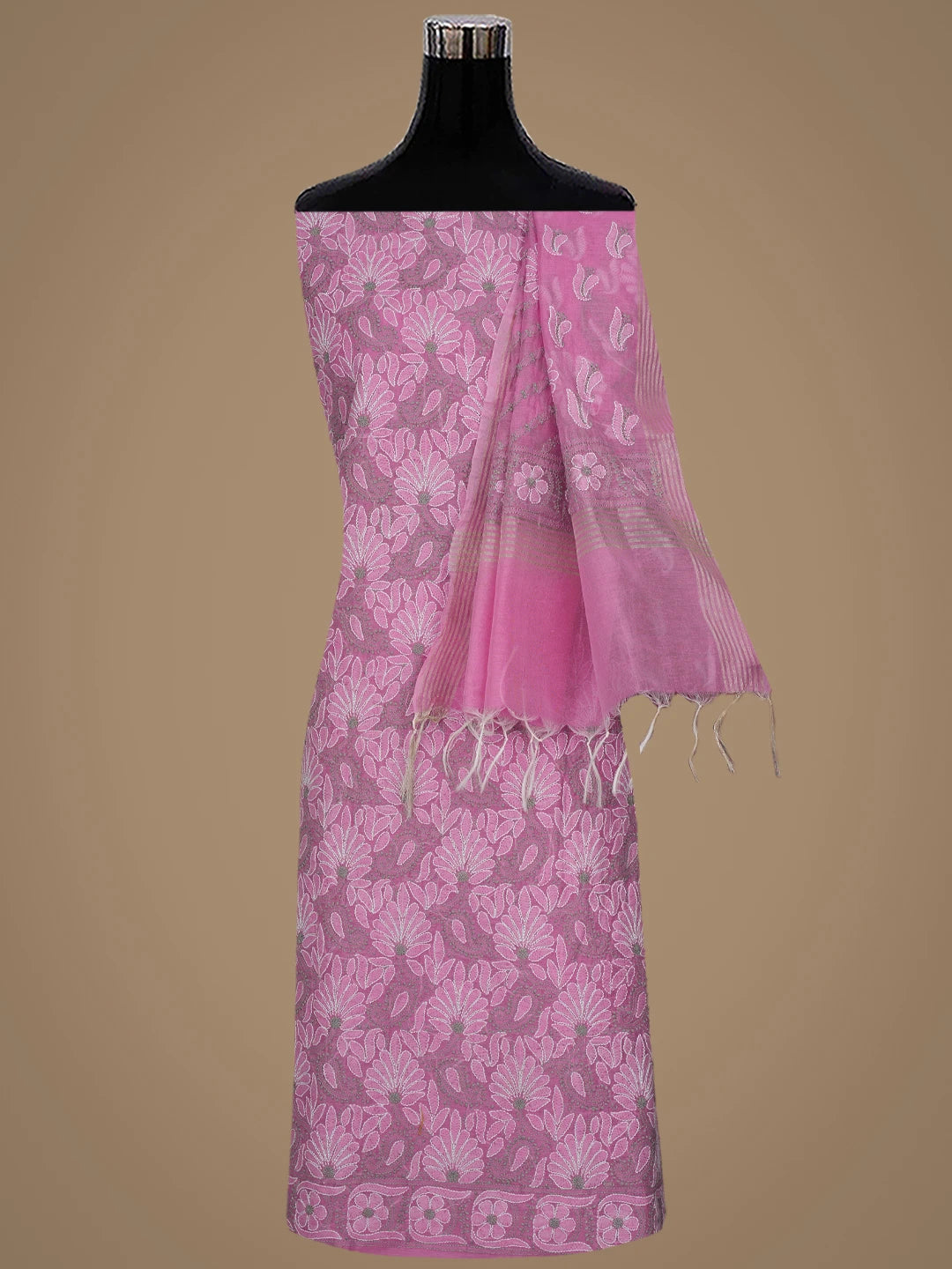 Ada Hand Embroidered Onion Pink Chanderi Lucknowi Chikankari Unstitched Kurta Dupatta Set 01A870972