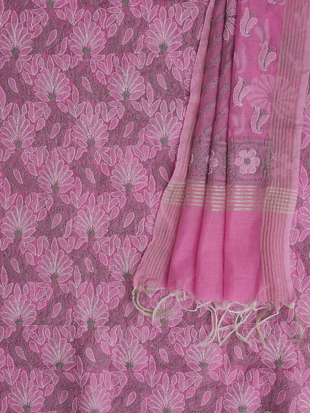 Ada Hand Embroidered Onion Pink Chanderi Lucknowi Chikankari Unstitched Kurta Dupatta Set 01A870972