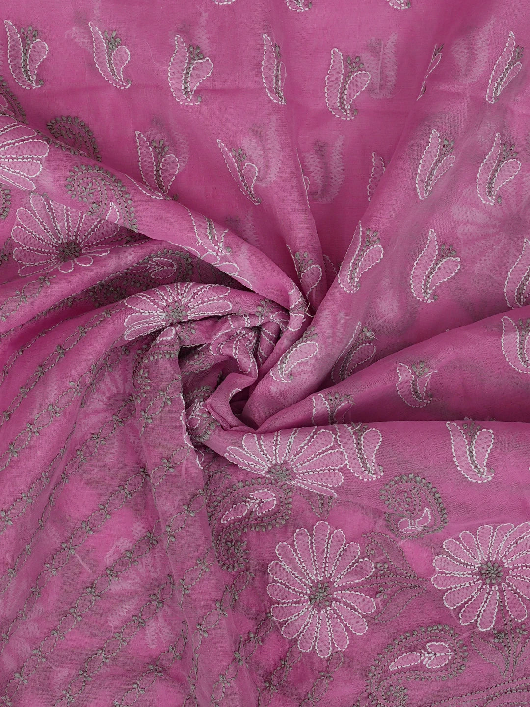 Ada Hand Embroidered Onion Pink Chanderi Lucknowi Chikankari Unstitched Kurta Dupatta Set 01A870972