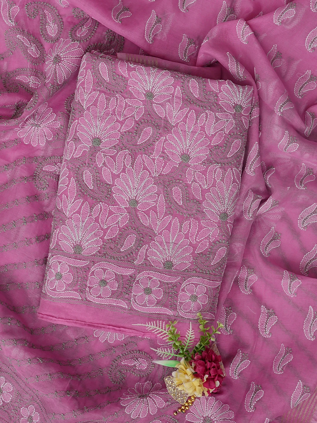 Ada Hand Embroidered Onion Pink Chanderi Lucknowi Chikankari Unstitched Kurta Dupatta Set 01A870972