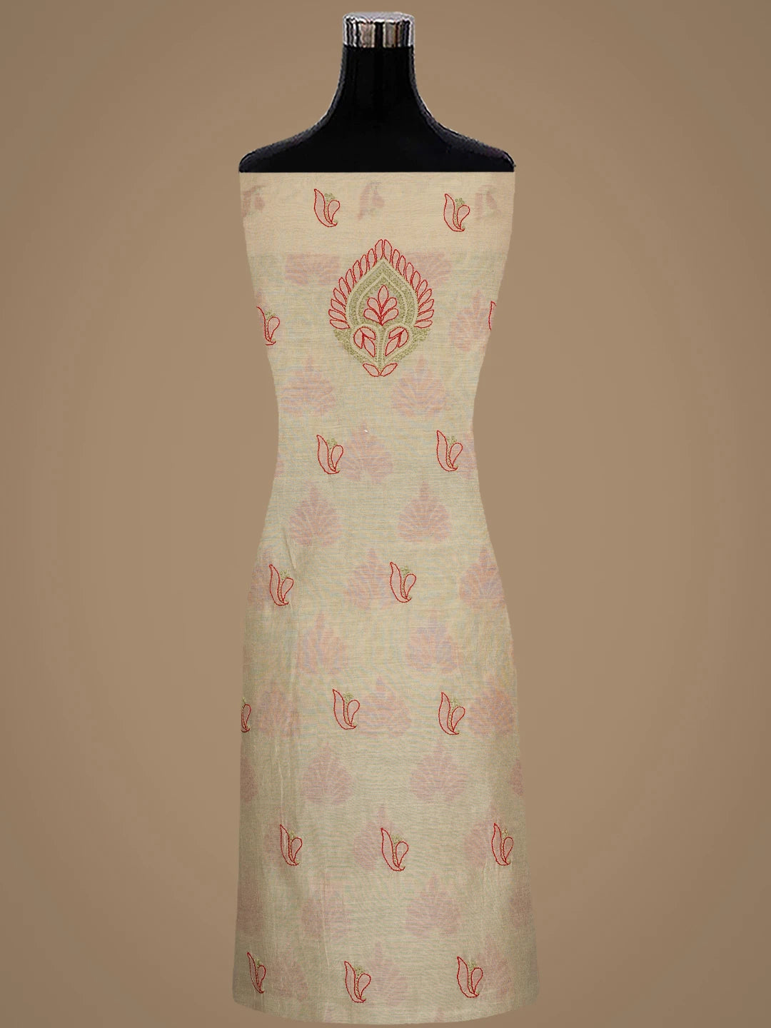 Ada Hand Embroidered Fawn Chanderi Lucknowi Chikankari Unstitched Kurta Dupatta Set 01A870994