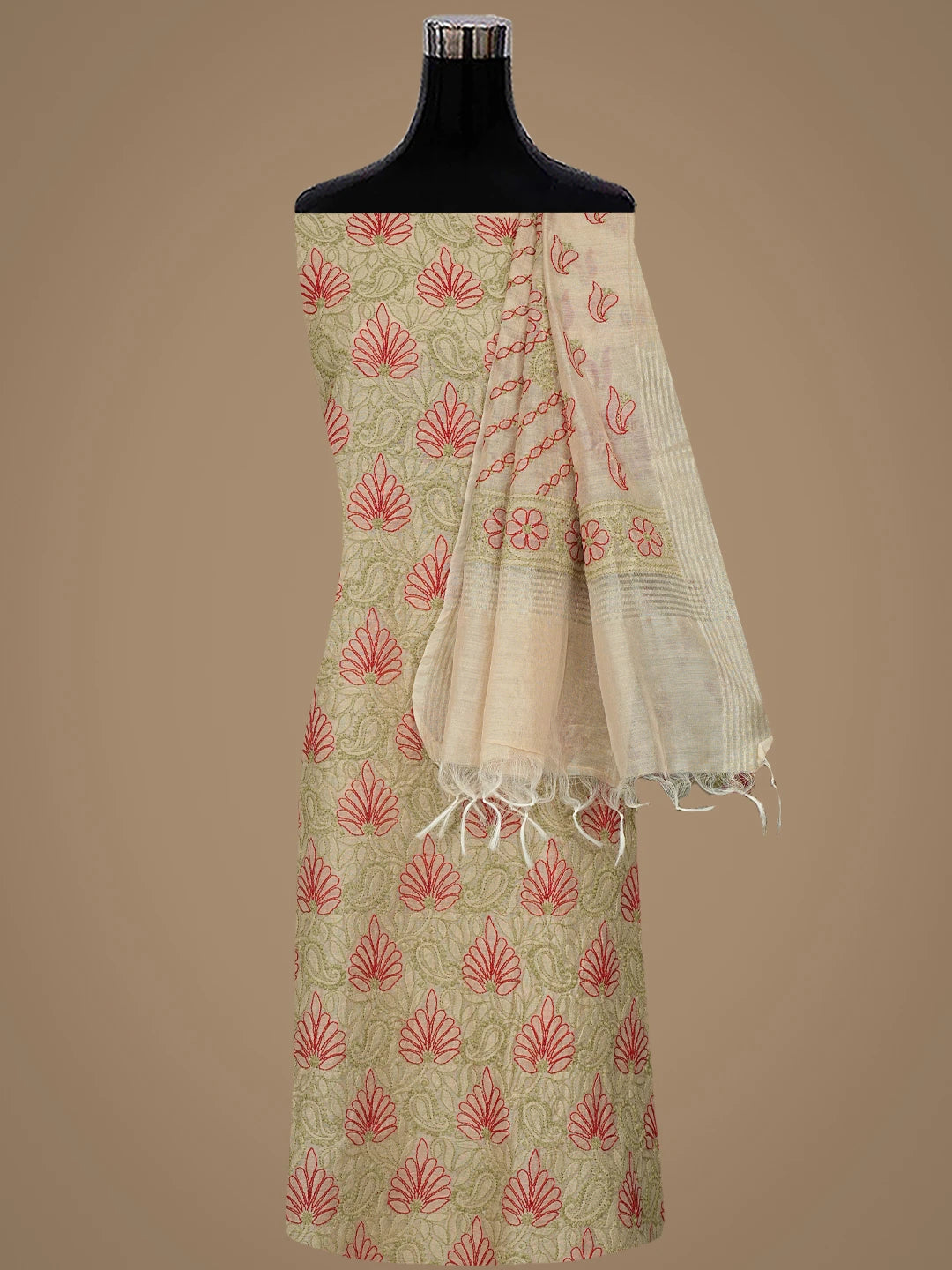 Ada Hand Embroidered Fawn Chanderi Lucknowi Chikankari Unstitched Kurta Dupatta Set 01A870994