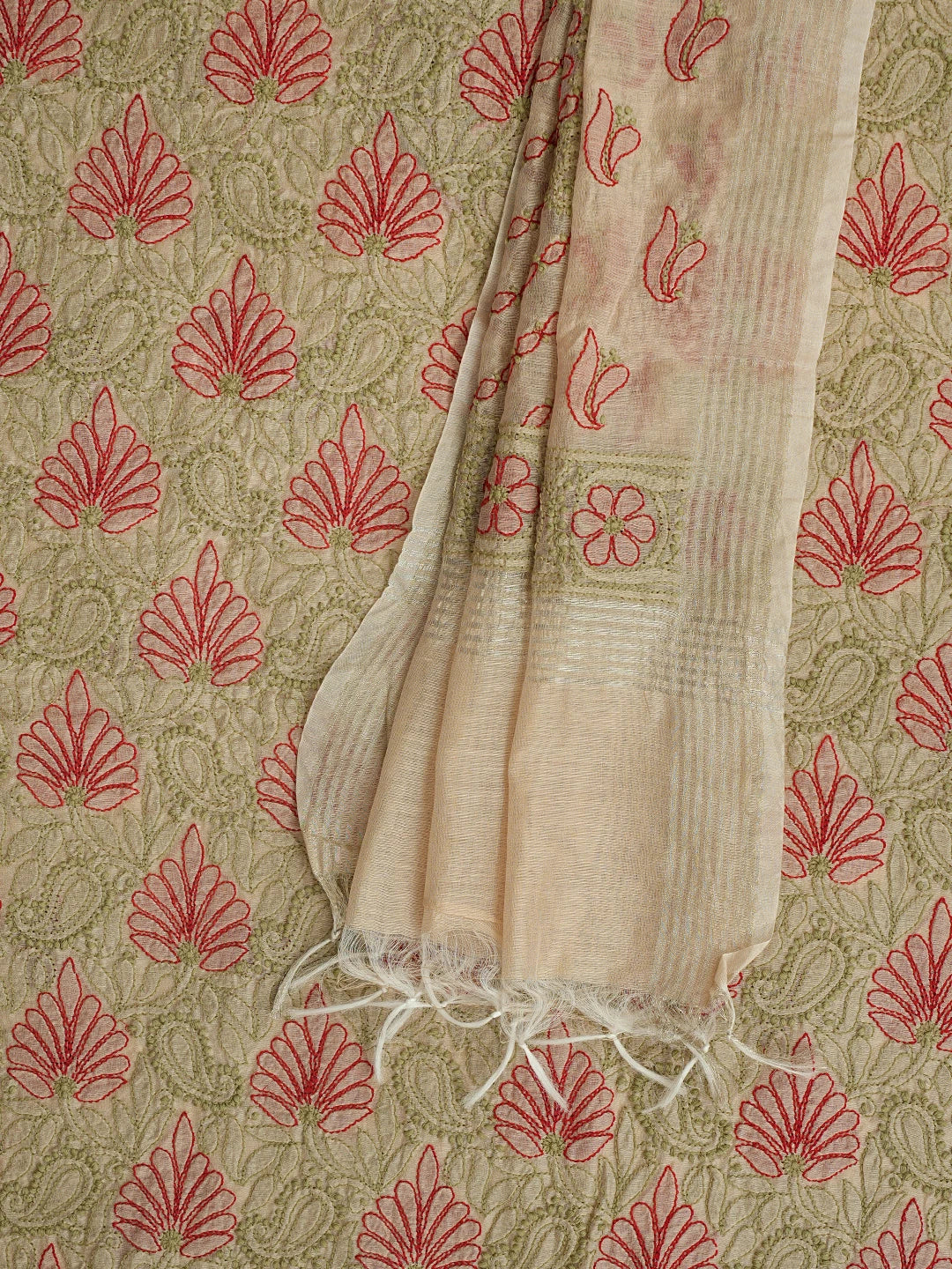 Ada Hand Embroidered Fawn Chanderi Lucknowi Chikankari Unstitched Kurta Dupatta Set 01A870994