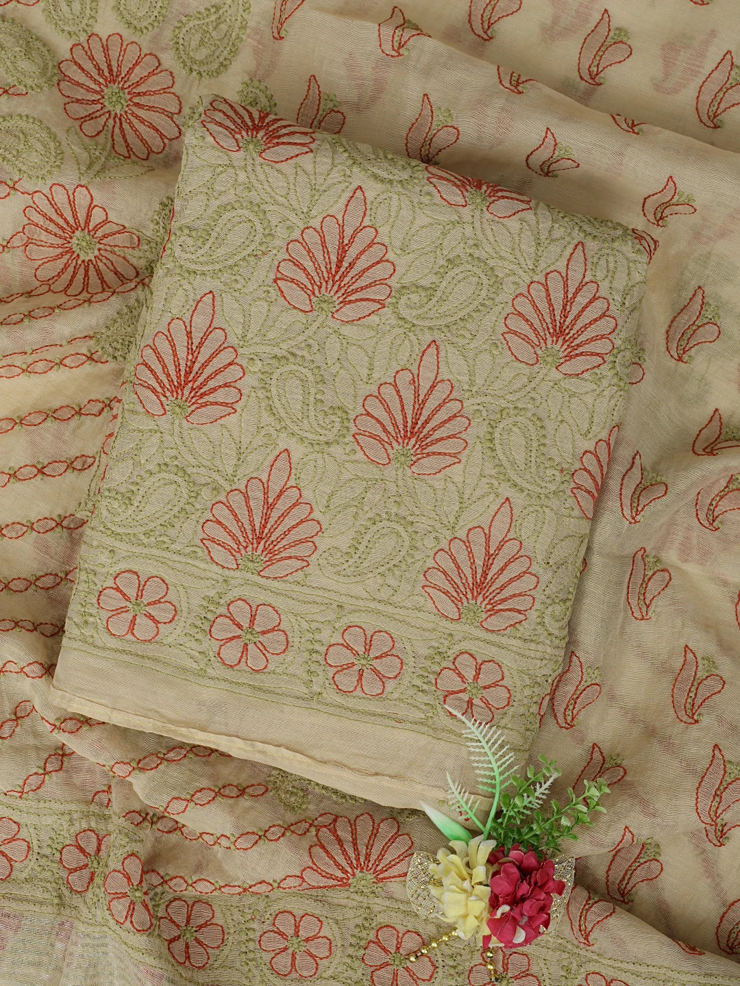 Ada Hand Embroidered Fawn Chanderi Lucknowi Chikankari Unstitched Kurta Dupatta Set 01A870994