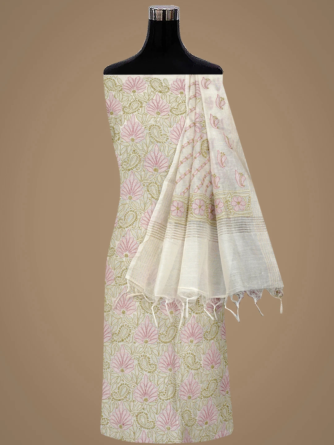 Ada Hand Embroidered Cream Chanderi Lucknowi Chikankari Unstitched Kurta Dupatta Set 01A871000
