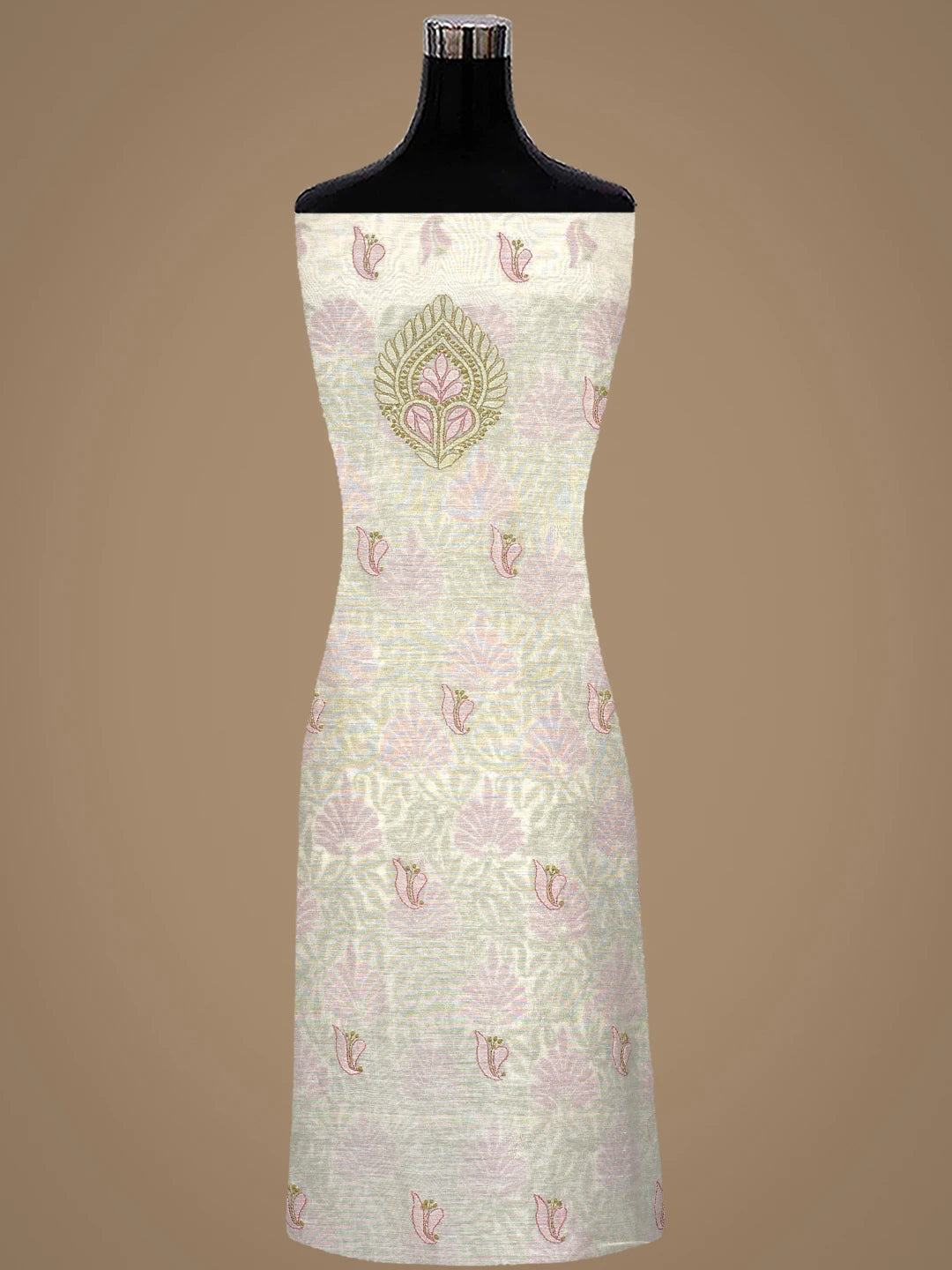 Ada Hand Embroidered Cream Chanderi Lucknowi Chikankari Unstitched Kurta Dupatta Set 01A871000