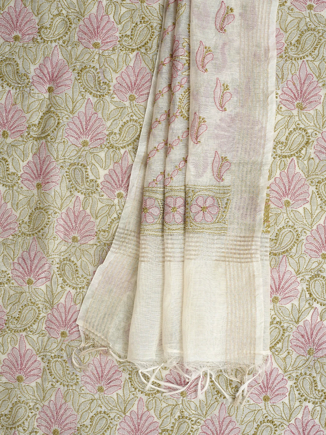 Ada Hand Embroidered Cream Chanderi Lucknowi Chikankari Unstitched Kurta Dupatta Set 01A871000