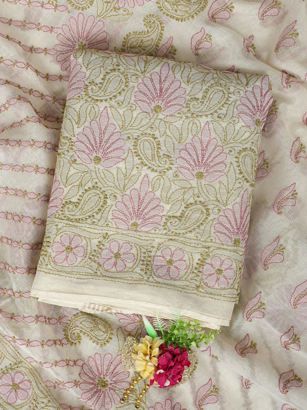 Ada Hand Embroidered Cream Chanderi Lucknowi Chikankari Unstitched Kurta Dupatta Set 01A871000