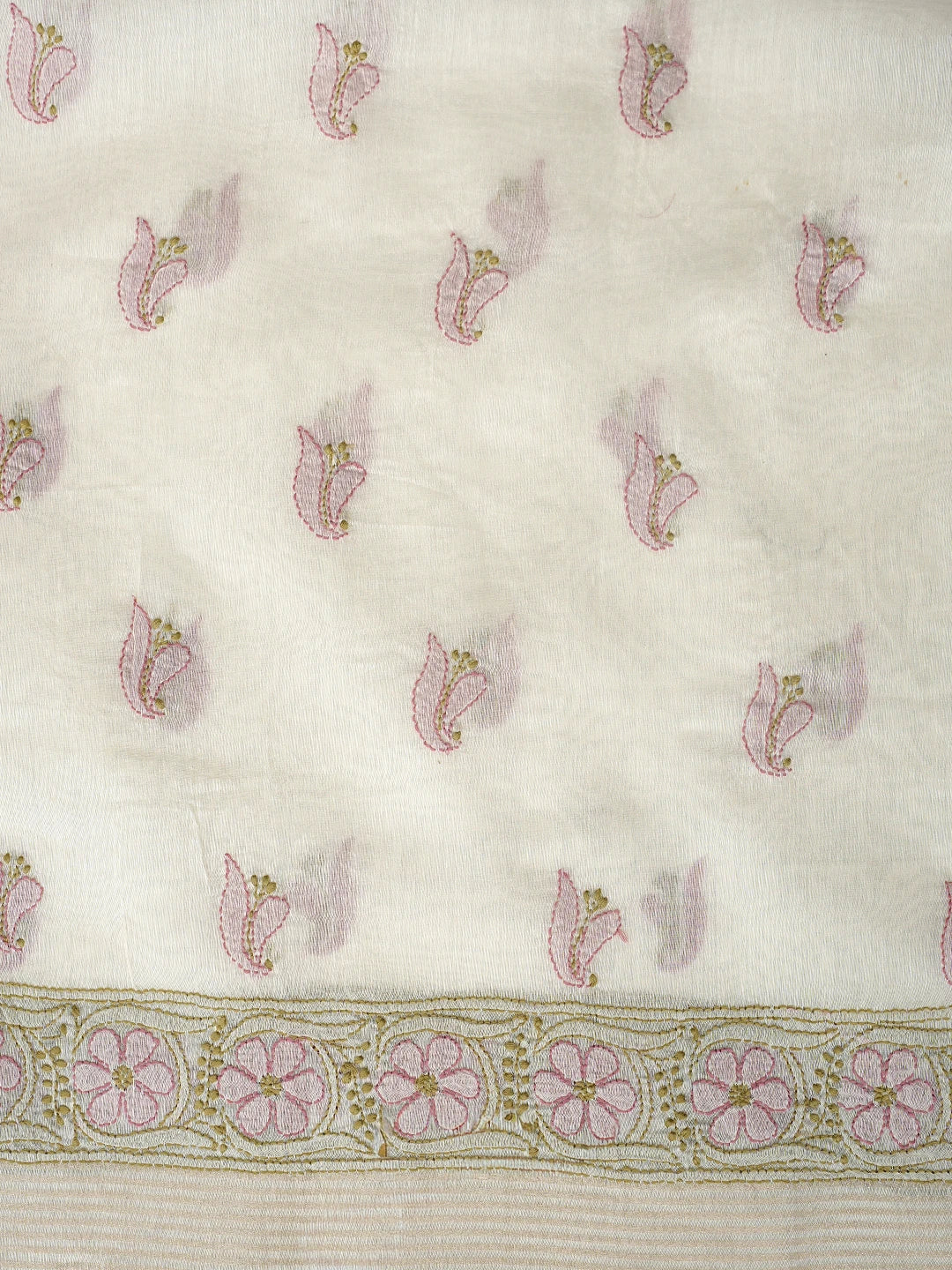 Ada Hand Embroidered Cream Chanderi Lucknowi Chikankari Unstitched Kurta Dupatta Set 01A871000