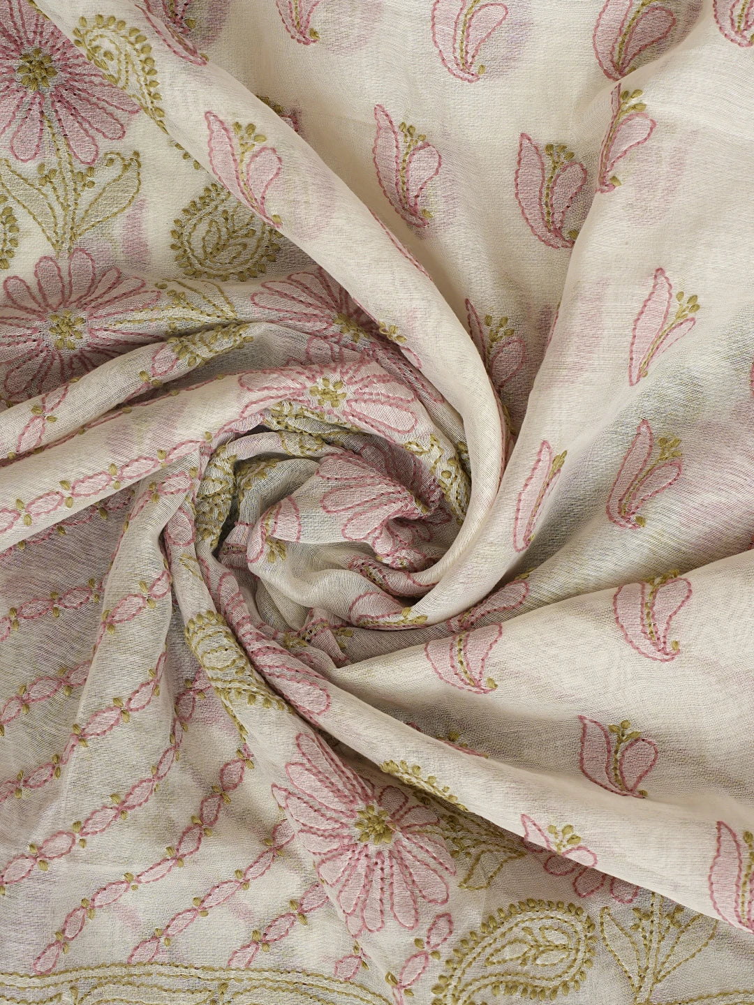 Ada Hand Embroidered Cream Chanderi Lucknowi Chikankari Unstitched Kurta Dupatta Set 01A871000