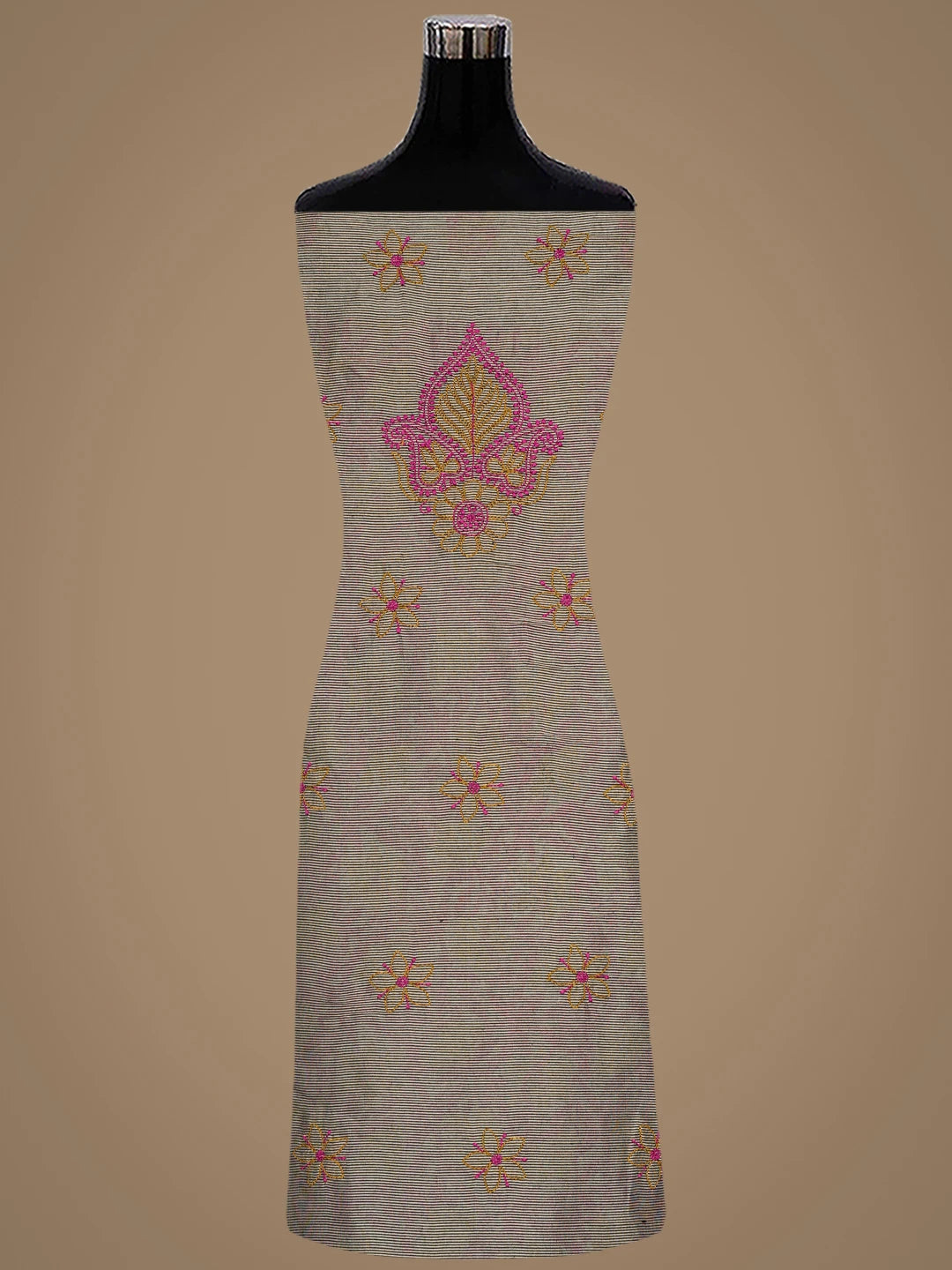 Ada Hand Embroidered Fawn Chanderi Lucknowi Chikankari Unstitched Kurta Dupatta Set 01A871008