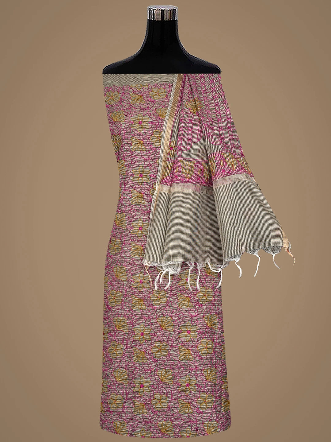 Ada Hand Embroidered Fawn Chanderi Lucknowi Chikankari Unstitched Kurta Dupatta Set 01A871008