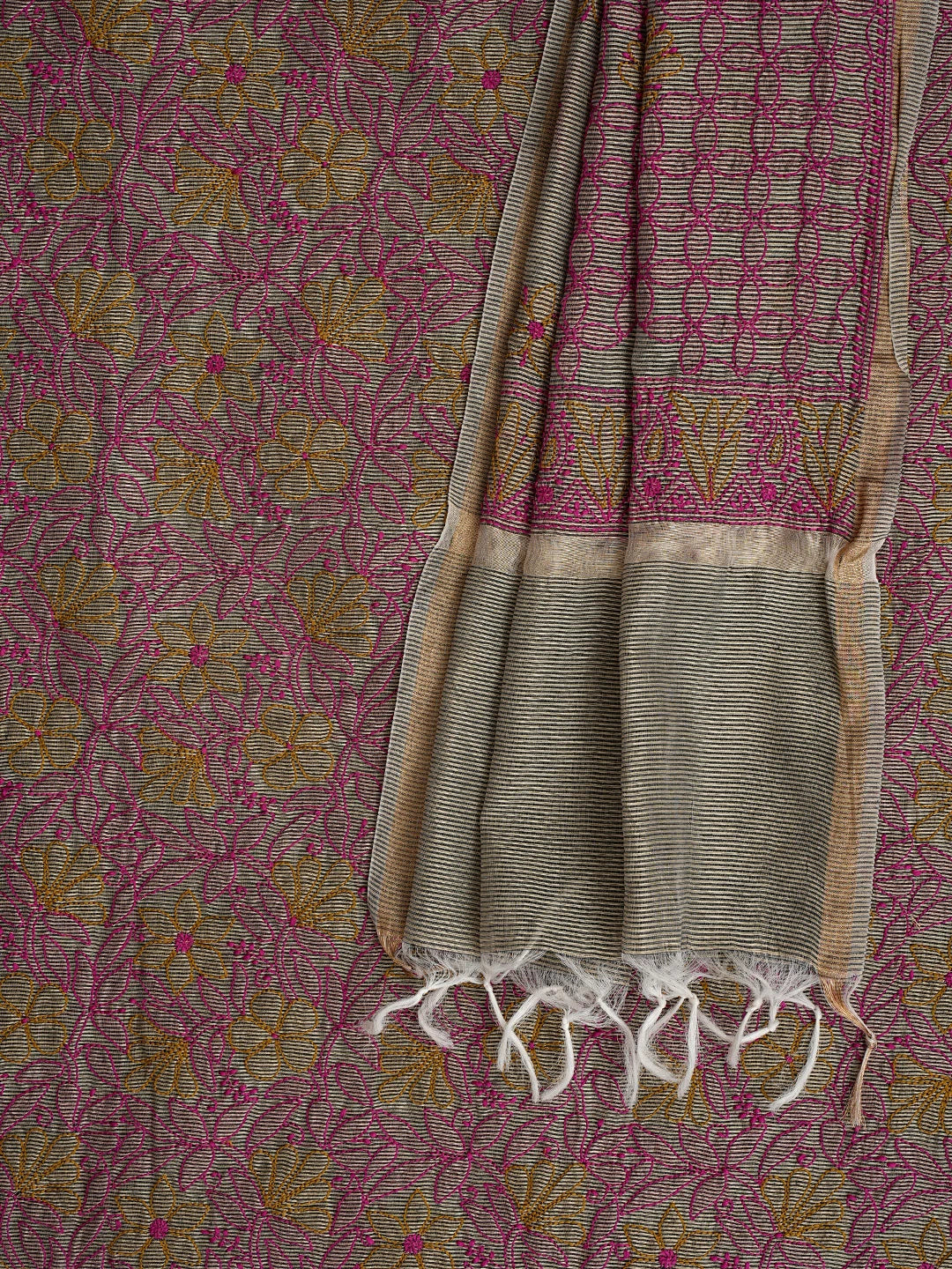 Ada Hand Embroidered Fawn Chanderi Lucknowi Chikankari Unstitched Kurta Dupatta Set 01A871008