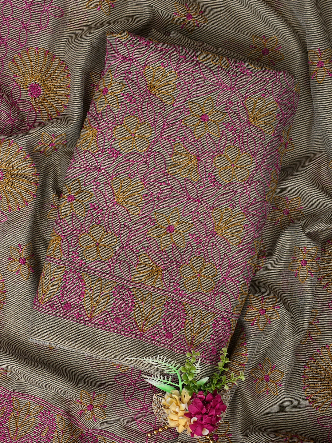 Ada Hand Embroidered Fawn Chanderi Lucknowi Chikankari Unstitched Kurta Dupatta Set 01A871008