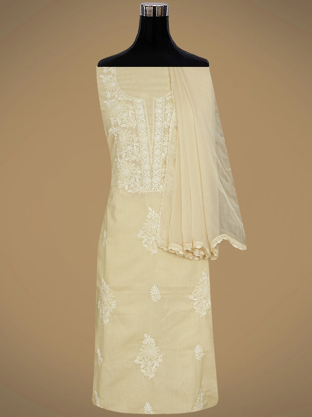 Ada Hand Embroidered Fawn Cotton Lucknowi Chikankari Unstitched Suit Piece 01A773521