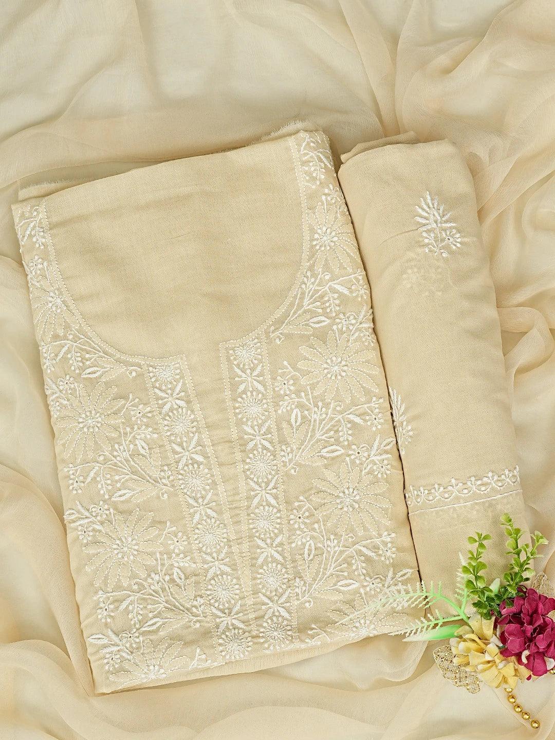 Ada Hand Embroidered Fawn Cotton Lucknowi Chikankari Unstitched Suit Piece 01A773521