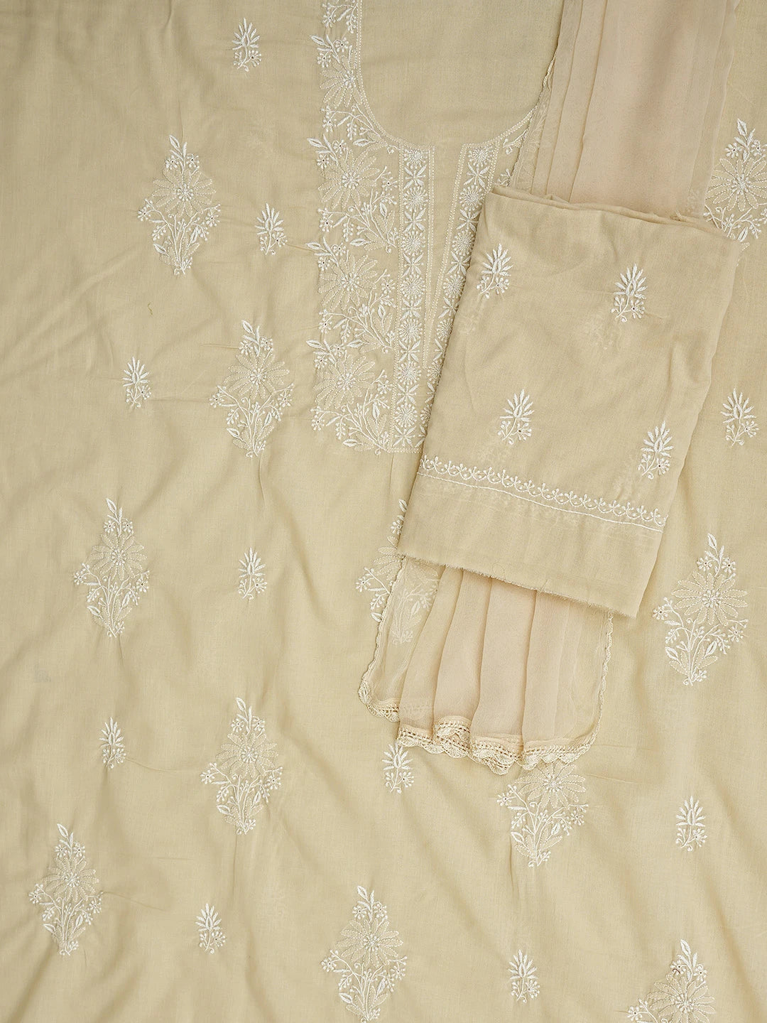 Ada Hand Embroidered Fawn Cotton Lucknowi Chikankari Unstitched Suit Piece 01A773521