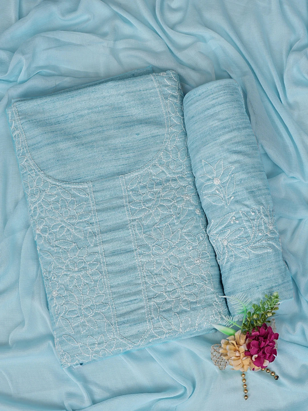 Ada Hand Embroidered Blue Khadi Cotton Lucknowi Chikankari Unstitched Suit Piece 01A557242