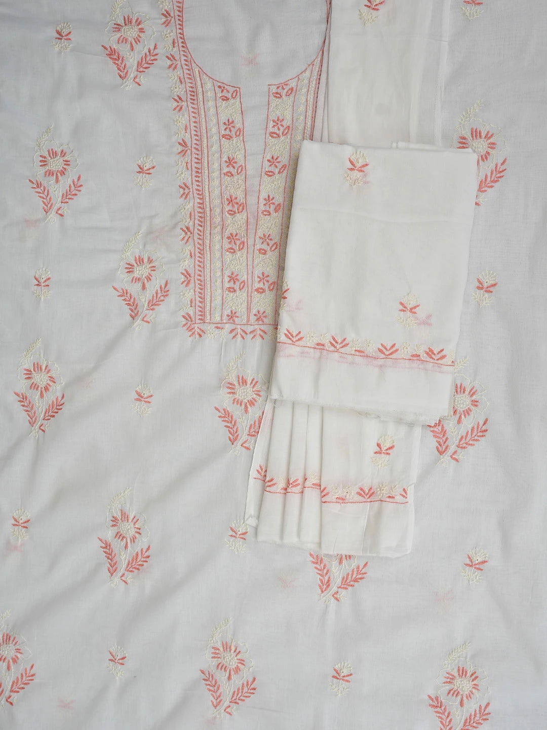 Ada Hand Embroidered White Cotton Lucknowi Chikankari Unstitched Suit Piece 01A301176