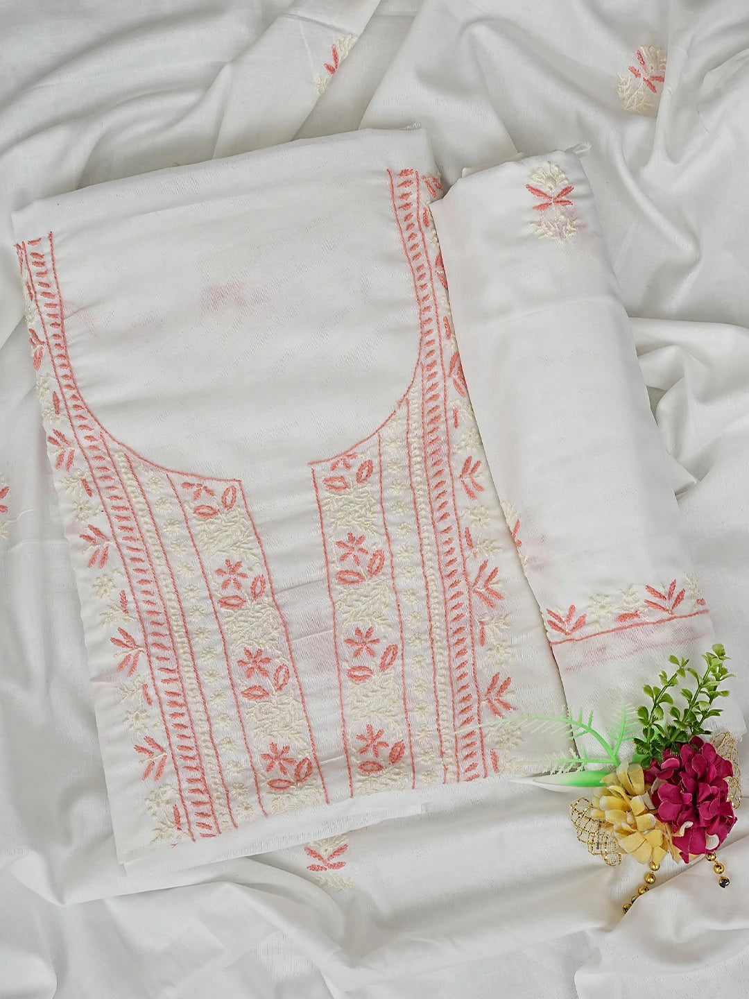 Ada Hand Embroidered White Cotton Lucknowi Chikankari Unstitched Suit Piece 01A301176