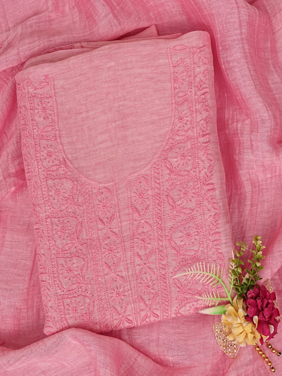 Ada Hand Embroidered Pink Chanderi Lucknowi Chikankari Unstitched Kurta Dupatta Set 01A523779