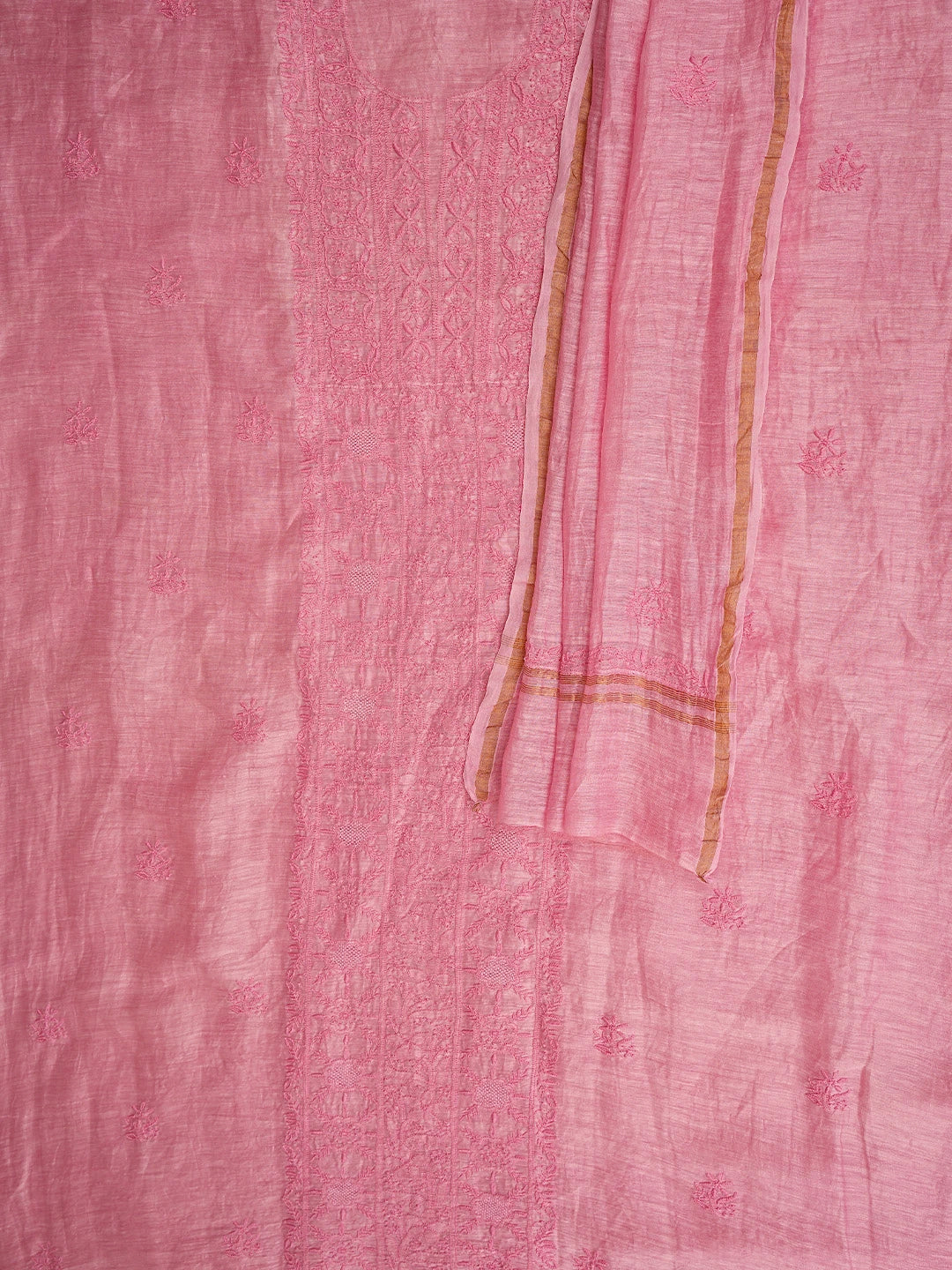 Ada Hand Embroidered Pink Chanderi Lucknowi Chikankari Unstitched Kurta Dupatta Set 01A523779