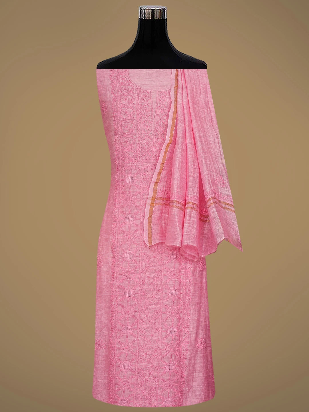 Ada Hand Embroidered Pink Chanderi Lucknowi Chikankari Unstitched Kurta Dupatta Set 01A523779