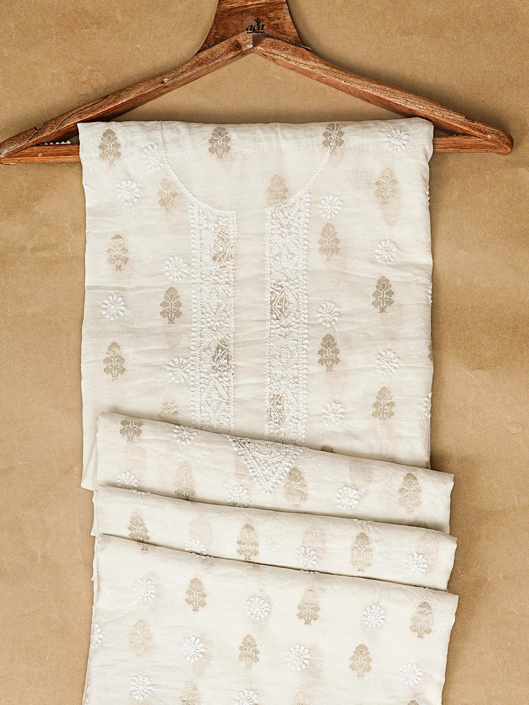 Ada Hand Embroidered Beige Chanderi Lucknowi Chikankari Unstitched Men's Kurta Piece 01A865113