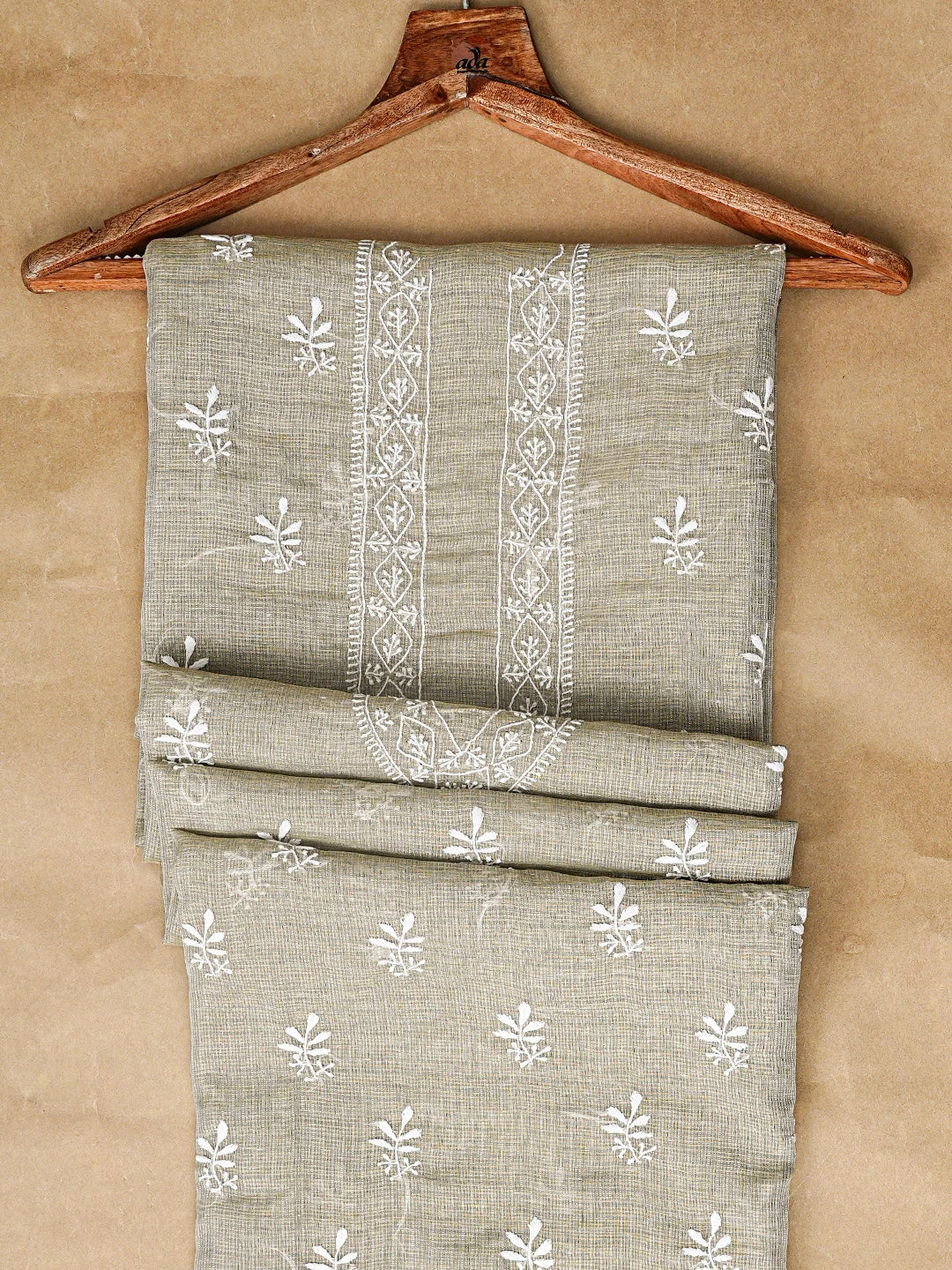 Ada Hand Embroidered Olive Green Tissue Lucknowi Chikankari Unstitched Men's Kurta Piece 01A865037