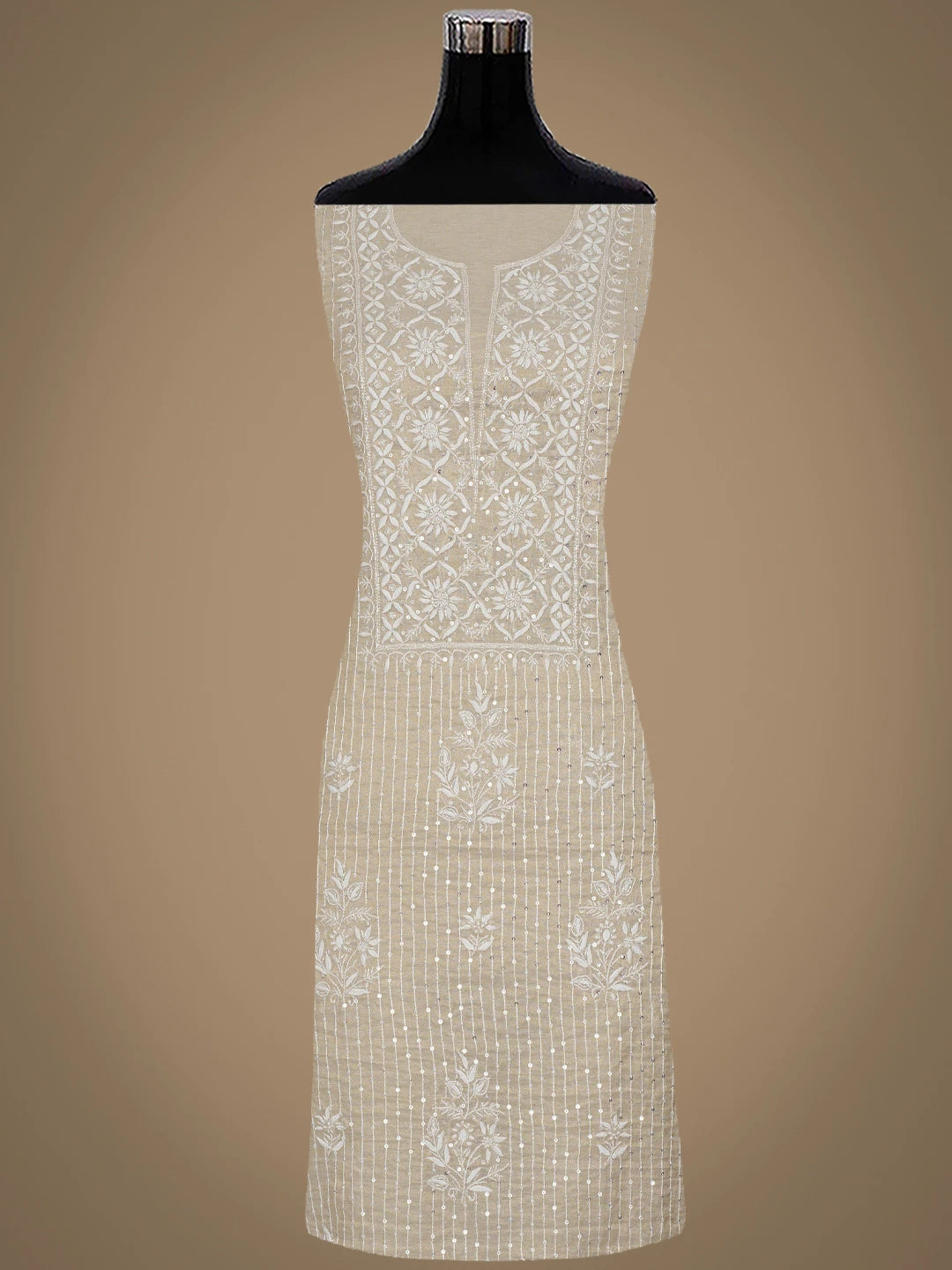 Ada Hand Embroidered Fawn Tissue Lucknowi Chikankari Unstitched Kurta Dupatta Set With Cutdana Work 01A822408
