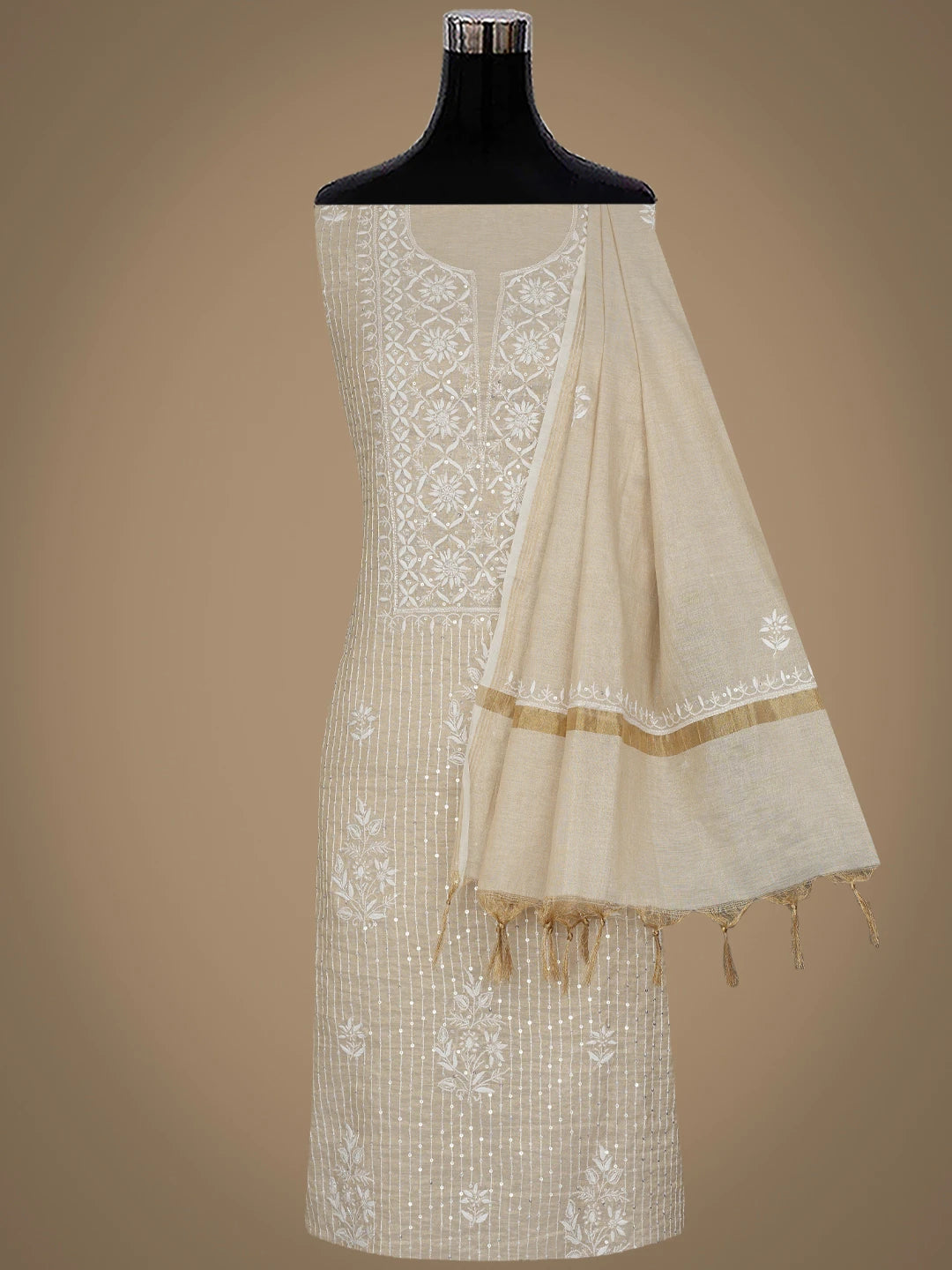 Ada Hand Embroidered Fawn Tissue Lucknowi Chikankari Unstitched Kurta Dupatta Set With Cutdana Work 01A822408