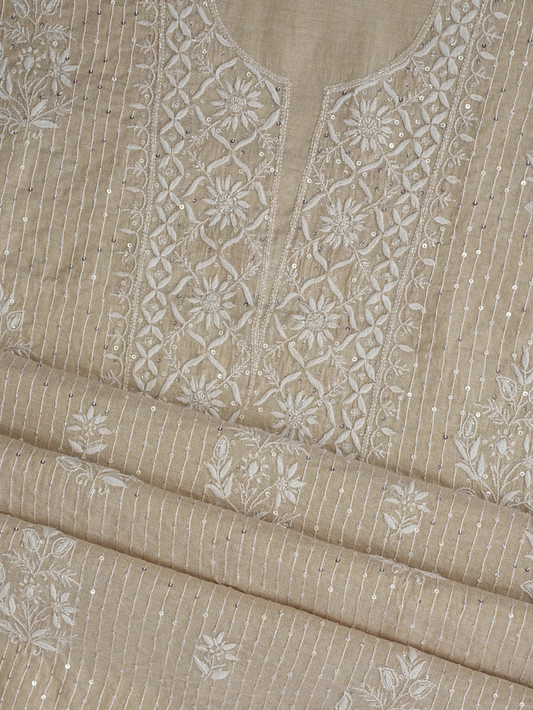 Ada Hand Embroidered Fawn Tissue Lucknowi Chikankari Unstitched Kurta Dupatta Set With Cutdana Work 01A822408