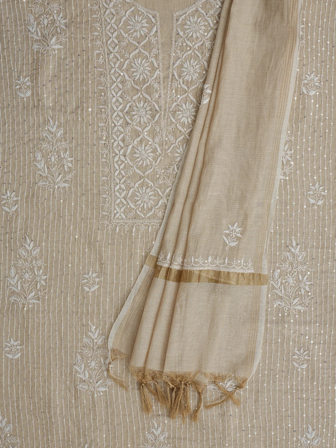 Ada Hand Embroidered Fawn Tissue Lucknowi Chikankari Unstitched Kurta Dupatta Set With Cutdana Work 01A822408