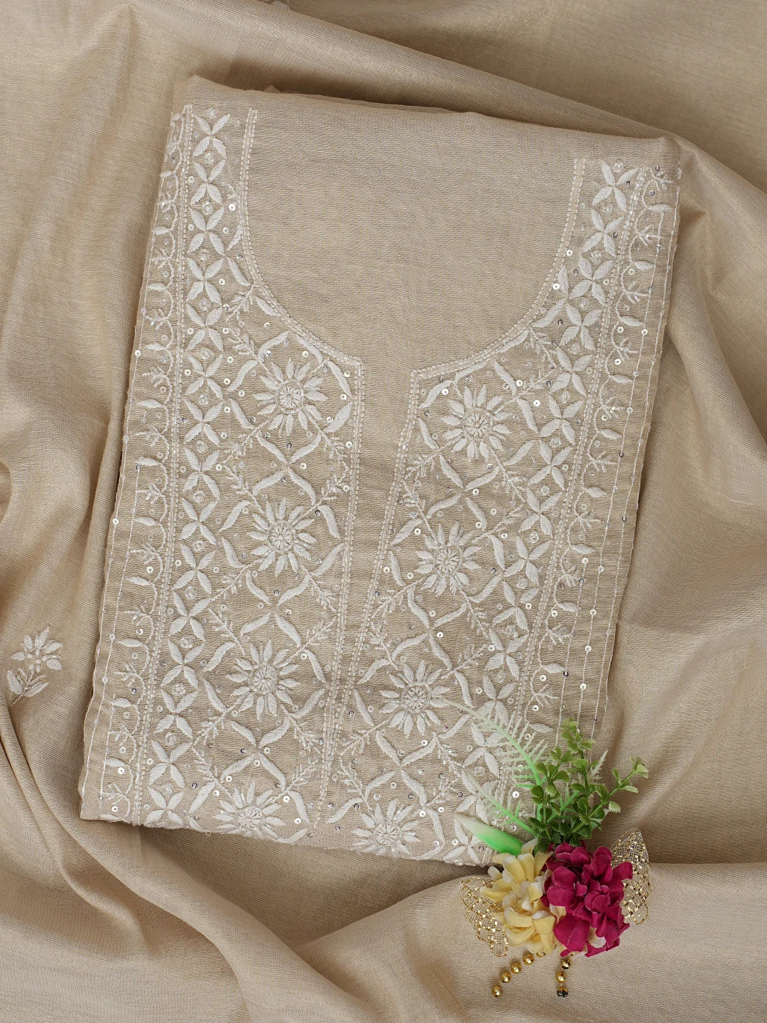 Ada Hand Embroidered Fawn Tissue Lucknowi Chikankari Unstitched Kurta Dupatta Set With Cutdana Work 01A822408