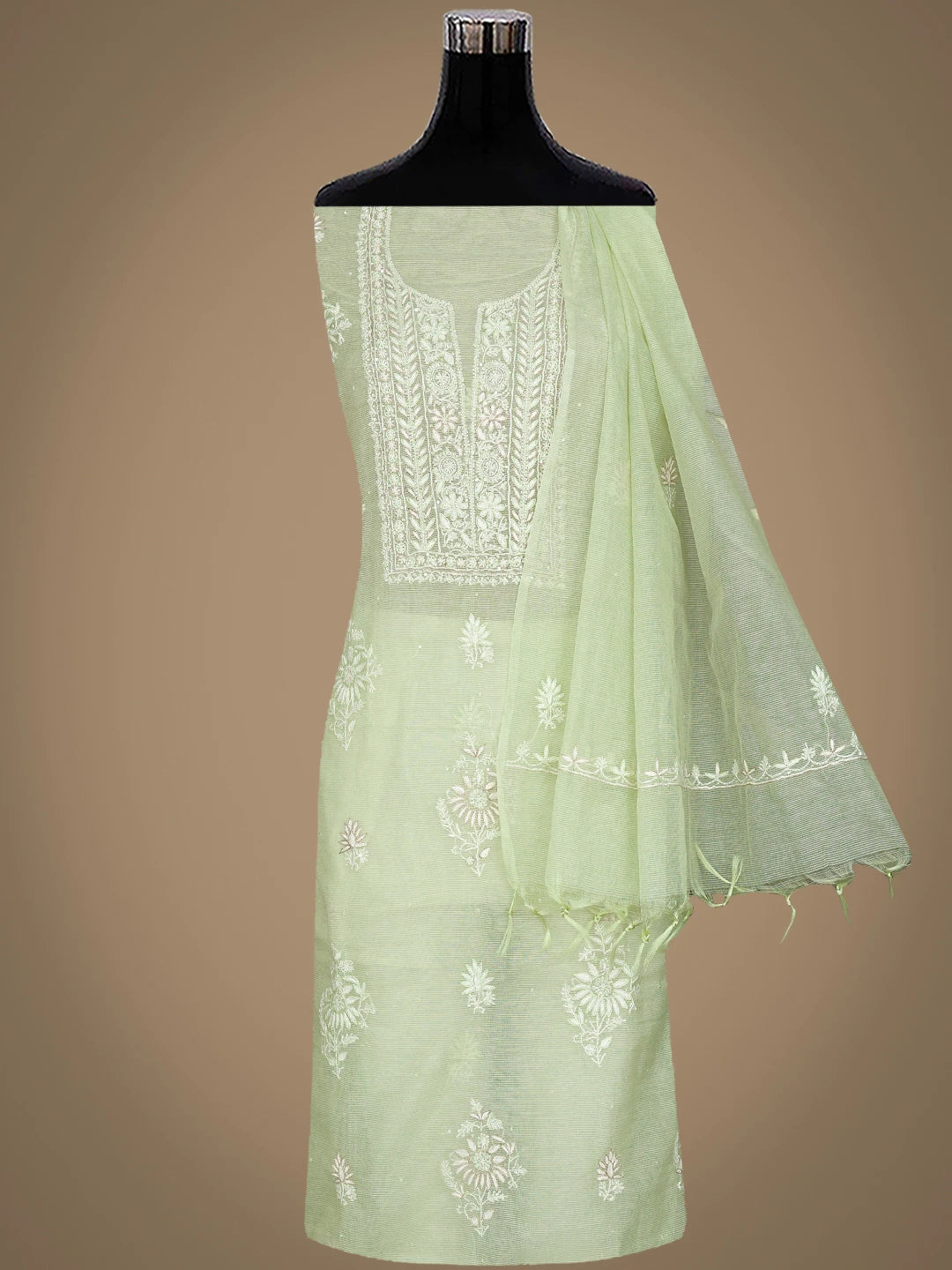 Ada Hand Embroidered Dusty Lemon Super Net Lucknowi Chikankari Unstitched Kurta Dupatta Set With Cutdana Work 01A718049