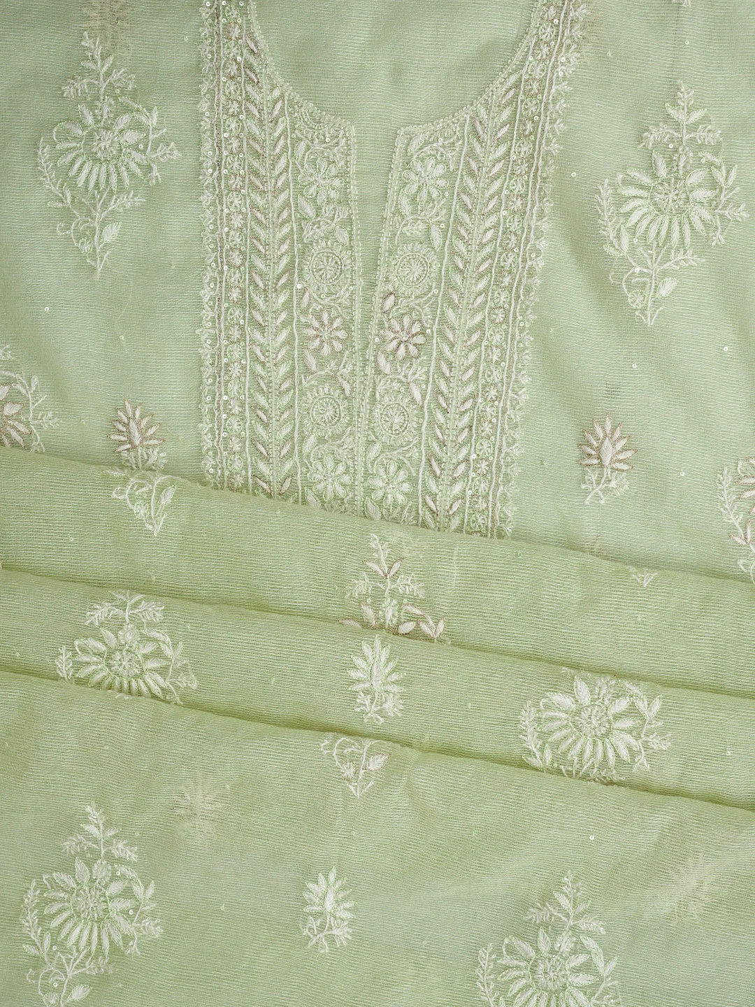 Ada Hand Embroidered Dusty Lemon Super Net Lucknowi Chikankari Unstitched Kurta Dupatta Set With Cutdana Work 01A718049