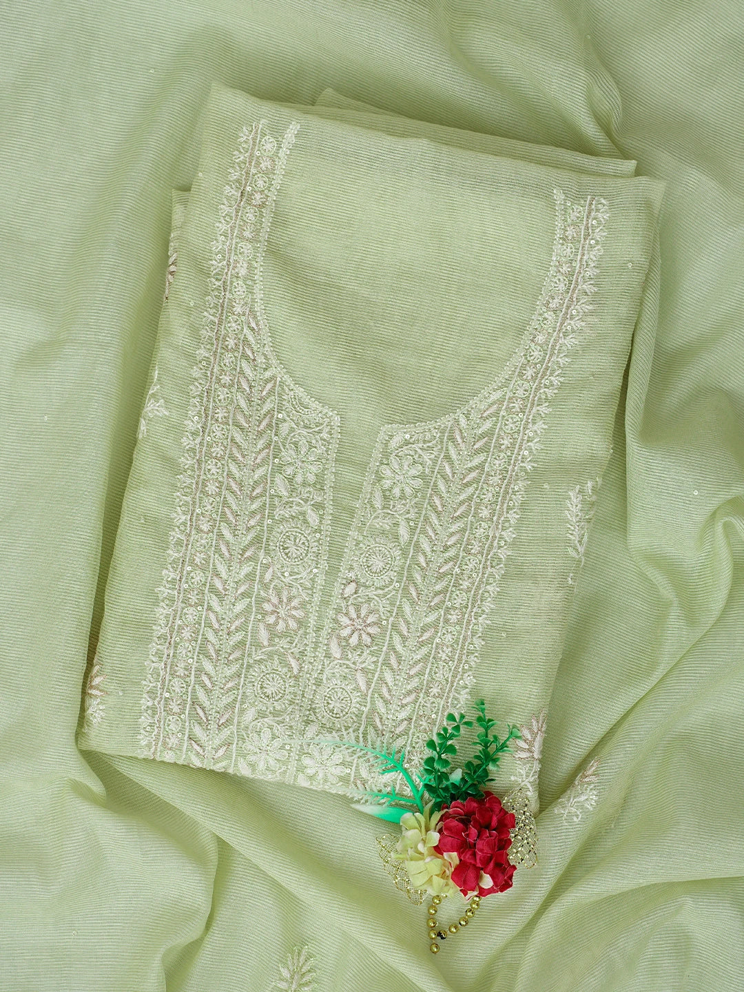 Ada Hand Embroidered Dusty Lemon Super Net Lucknowi Chikankari Unstitched Kurta Dupatta Set With Cutdana Work 01A718049