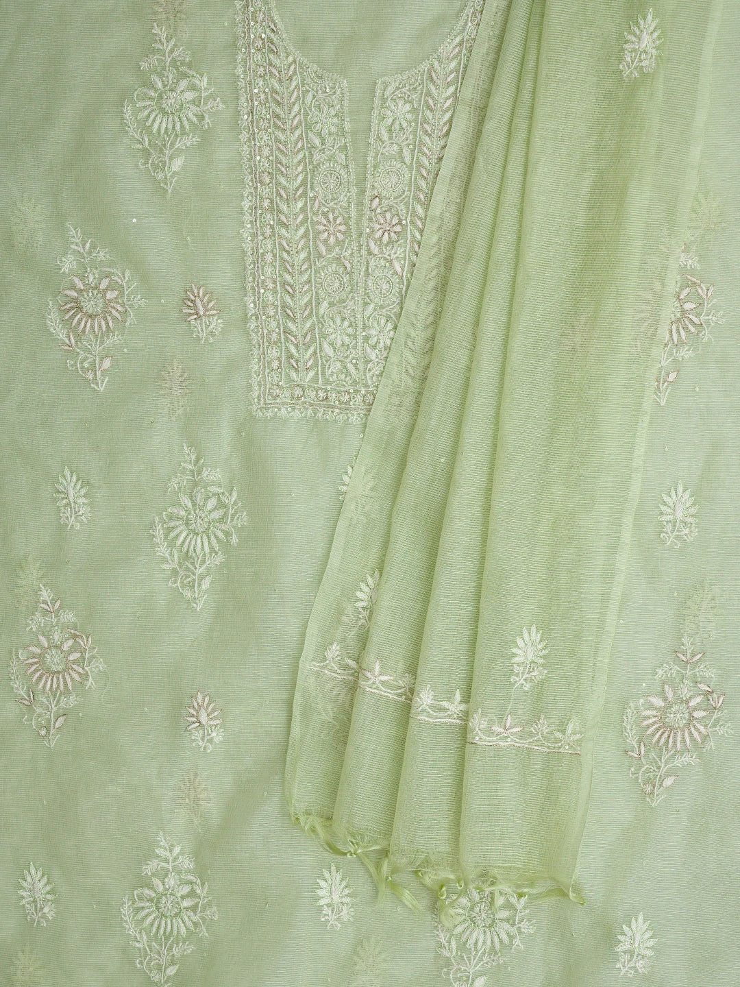 Ada Hand Embroidered Dusty Lemon Super Net Lucknowi Chikankari Unstitched Kurta Dupatta Set With Cutdana Work 01A718049