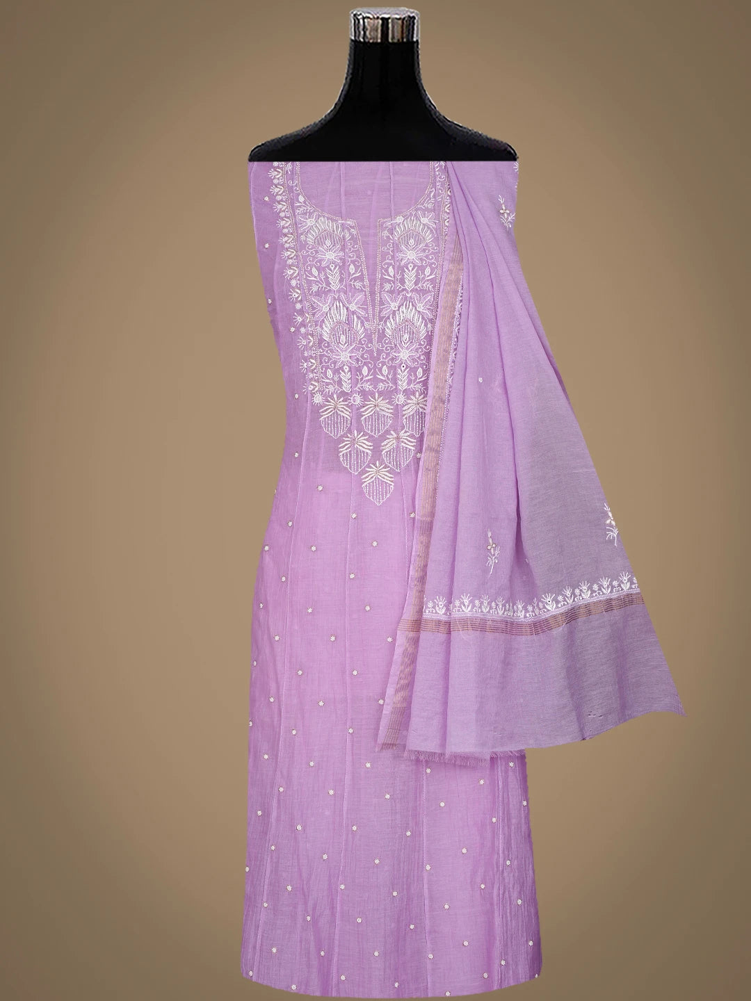 Ada Hand Embroidered Mauve Chanderi Lucknowi Chikankari Semi-Stitched Kurta Dupatta Set With Pearl Work 01A789595