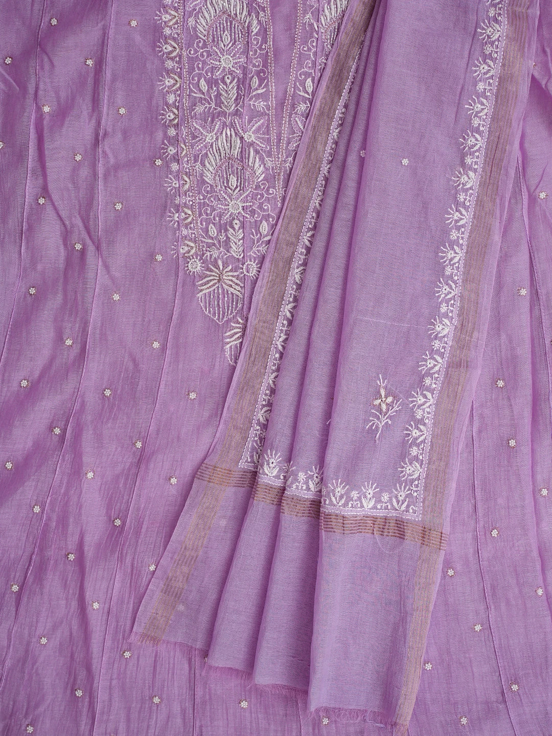 Ada Hand Embroidered Mauve Chanderi Lucknowi Chikankari Semi-Stitched Kurta Dupatta Set With Pearl Work 01A789595