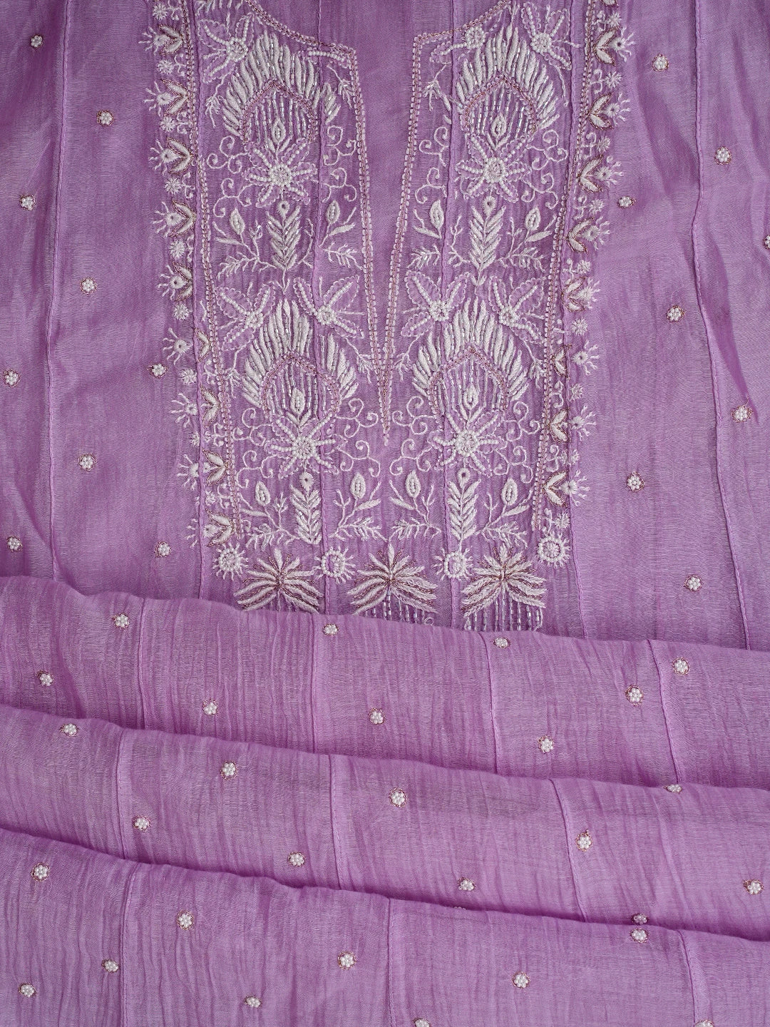Ada Hand Embroidered Mauve Chanderi Lucknowi Chikankari Semi-Stitched Kurta Dupatta Set With Pearl Work 01A789595