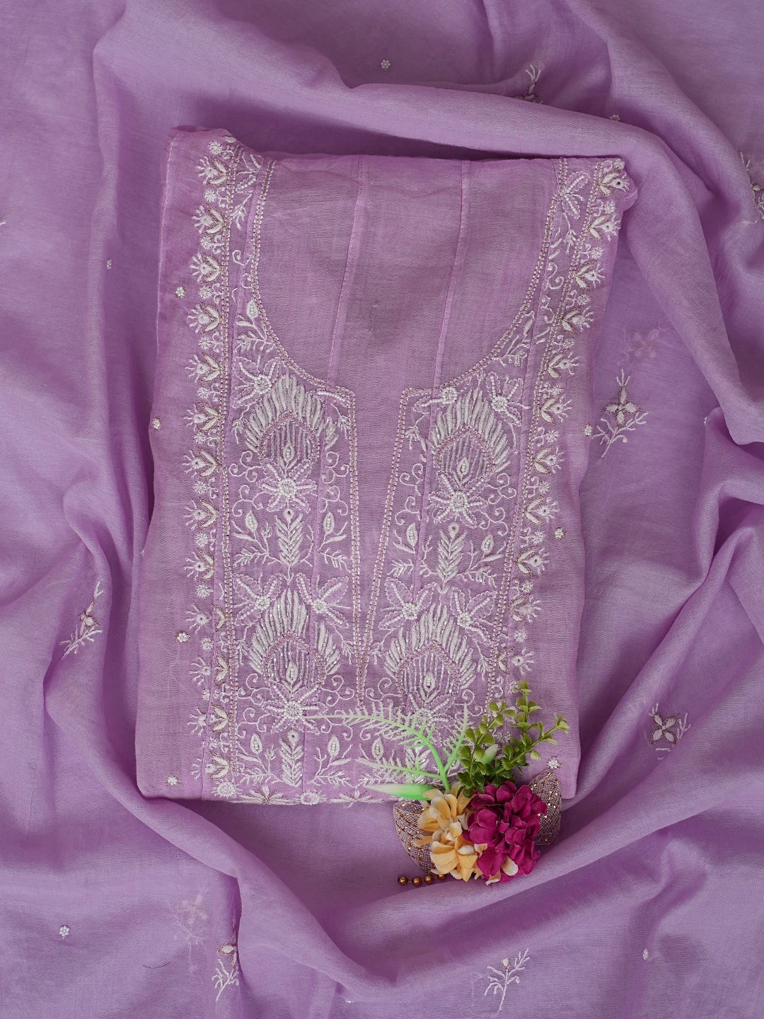 Ada Hand Embroidered Mauve Chanderi Lucknowi Chikankari Semi-Stitched Kurta Dupatta Set With Pearl Work 01A789595